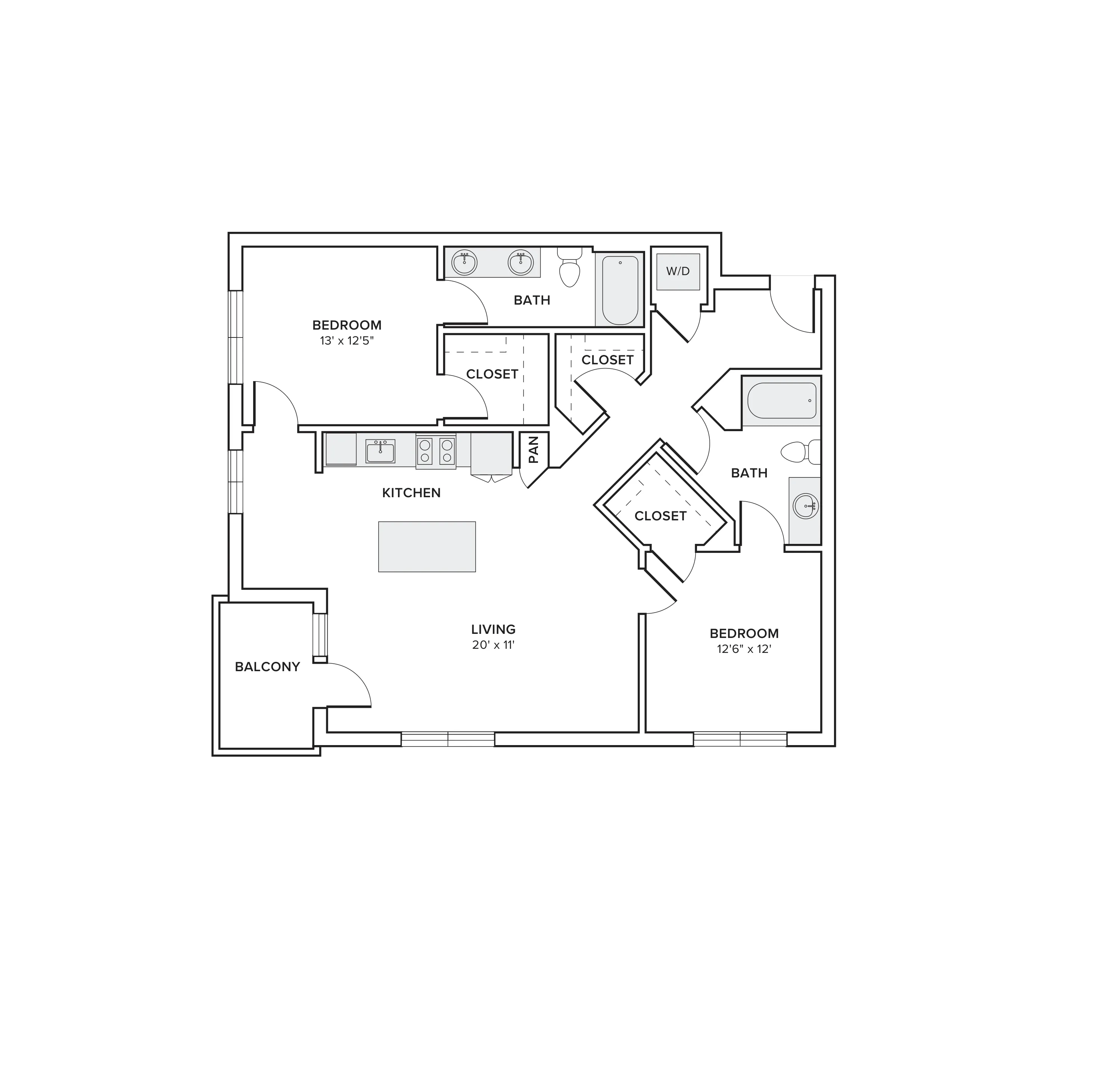1144 square foot two bed two bath floor plan image