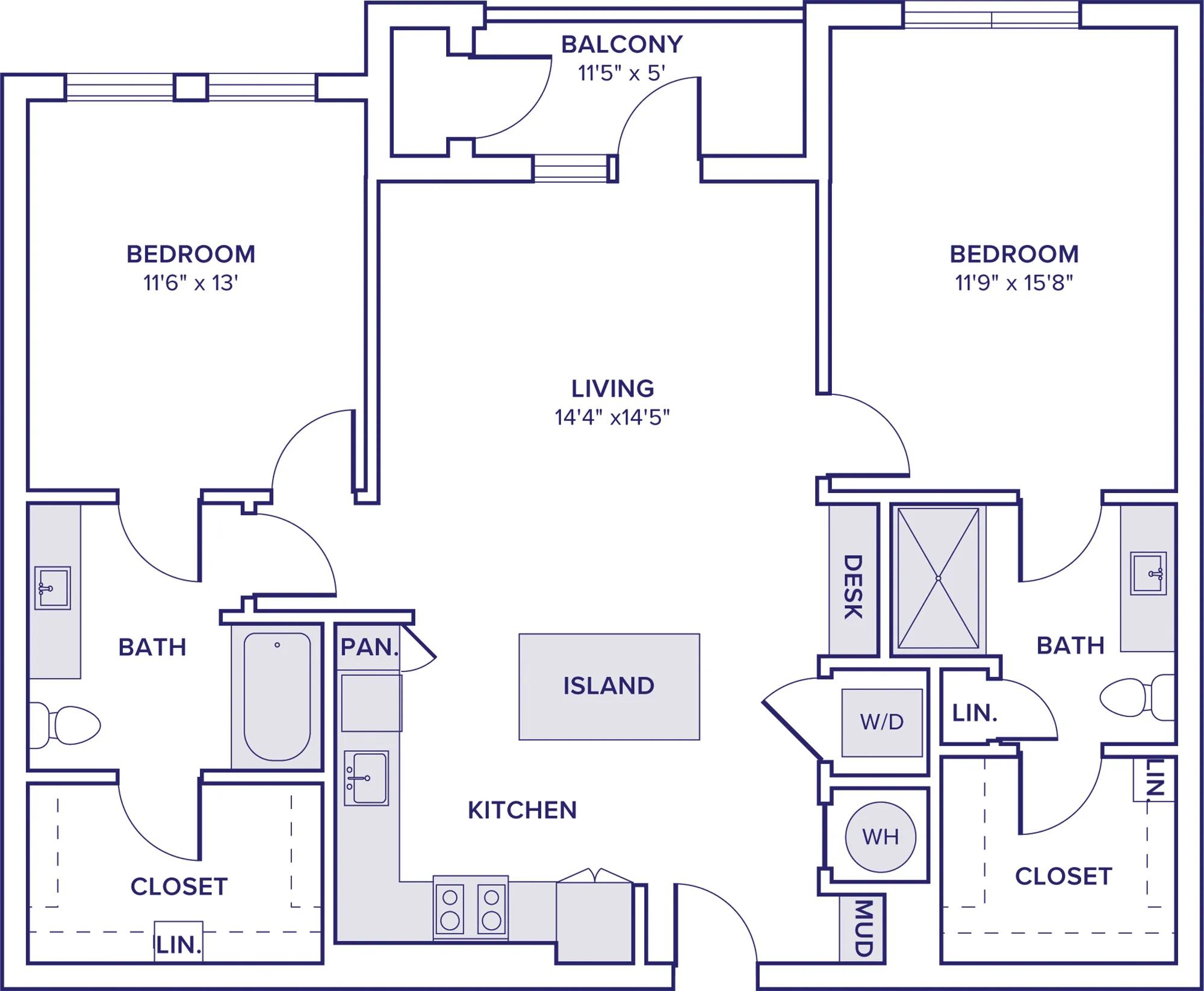 1156 square foot two bed two bath apartment floor plan in McKinney, TX