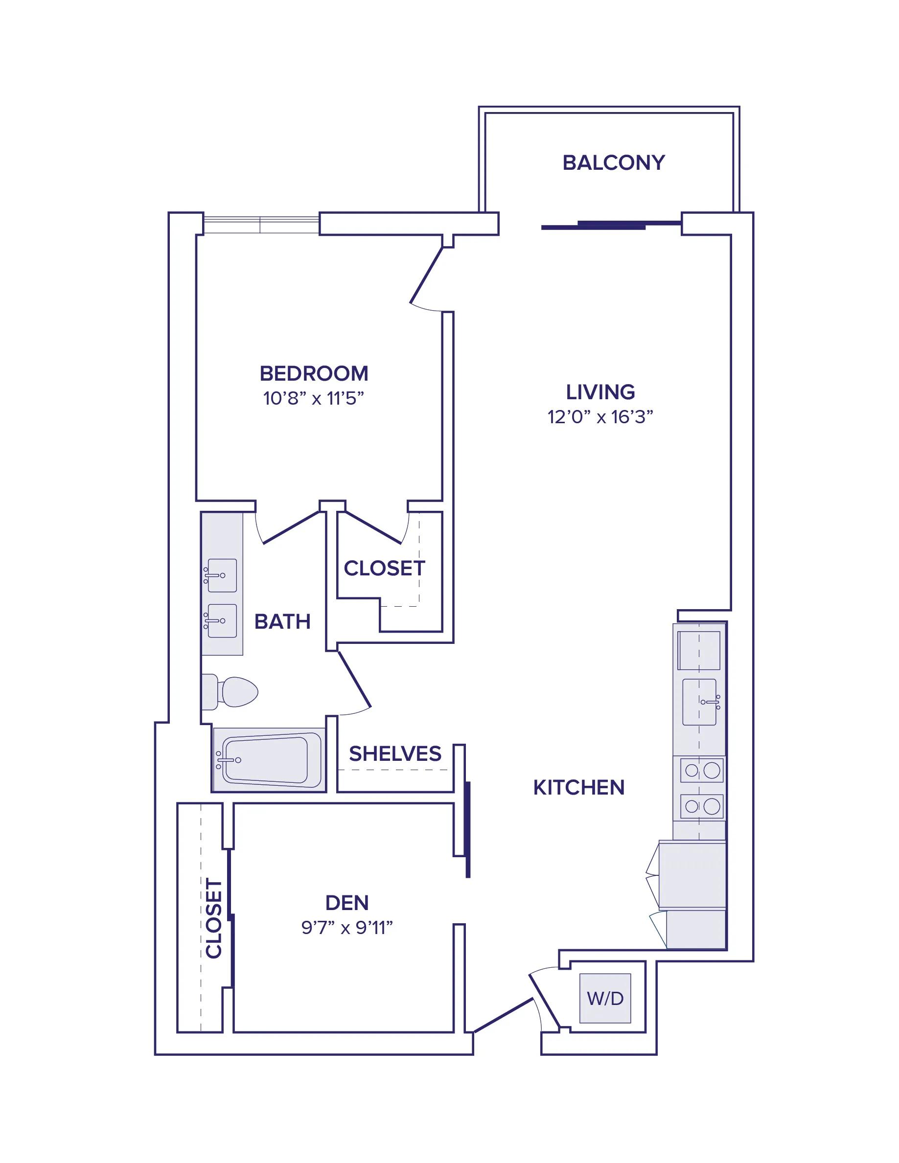 887 square foot one bed one bath floor plan image