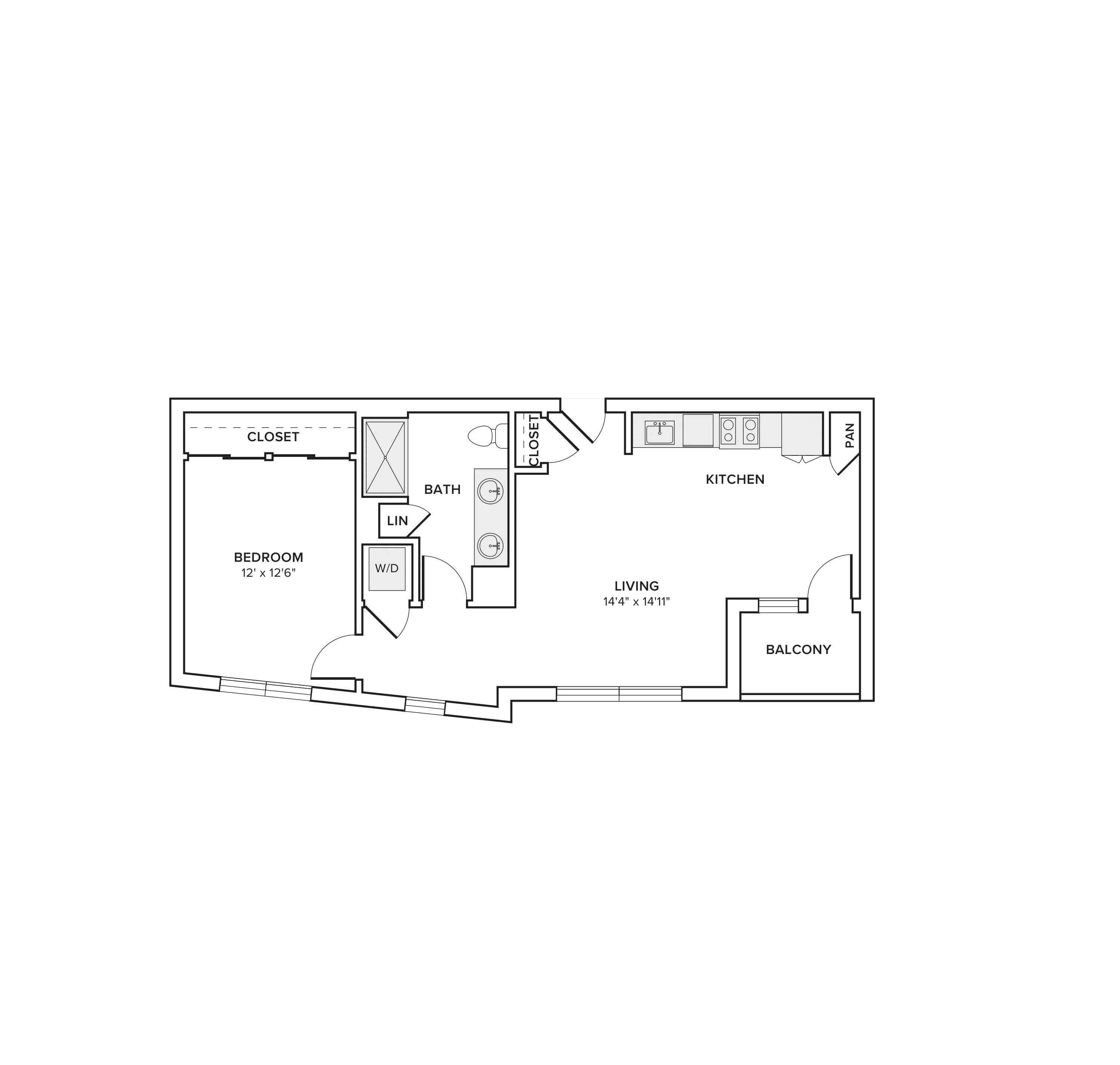 770 square foot one bed one bath apartment floor plan in Atlanta, GA