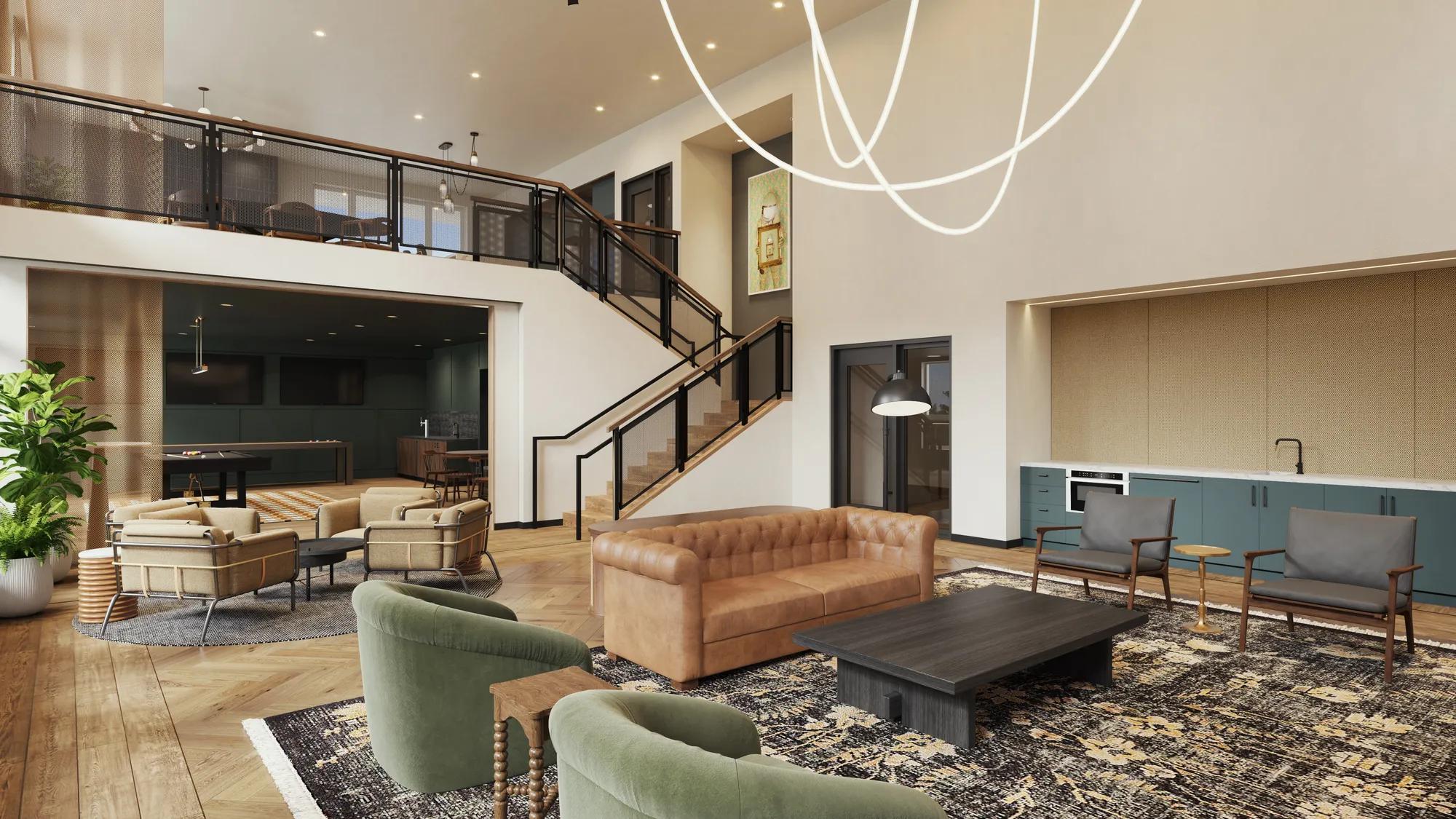 clubroom with high end fnishes and ample seating at modera shoreline apartment homes for rent in wa