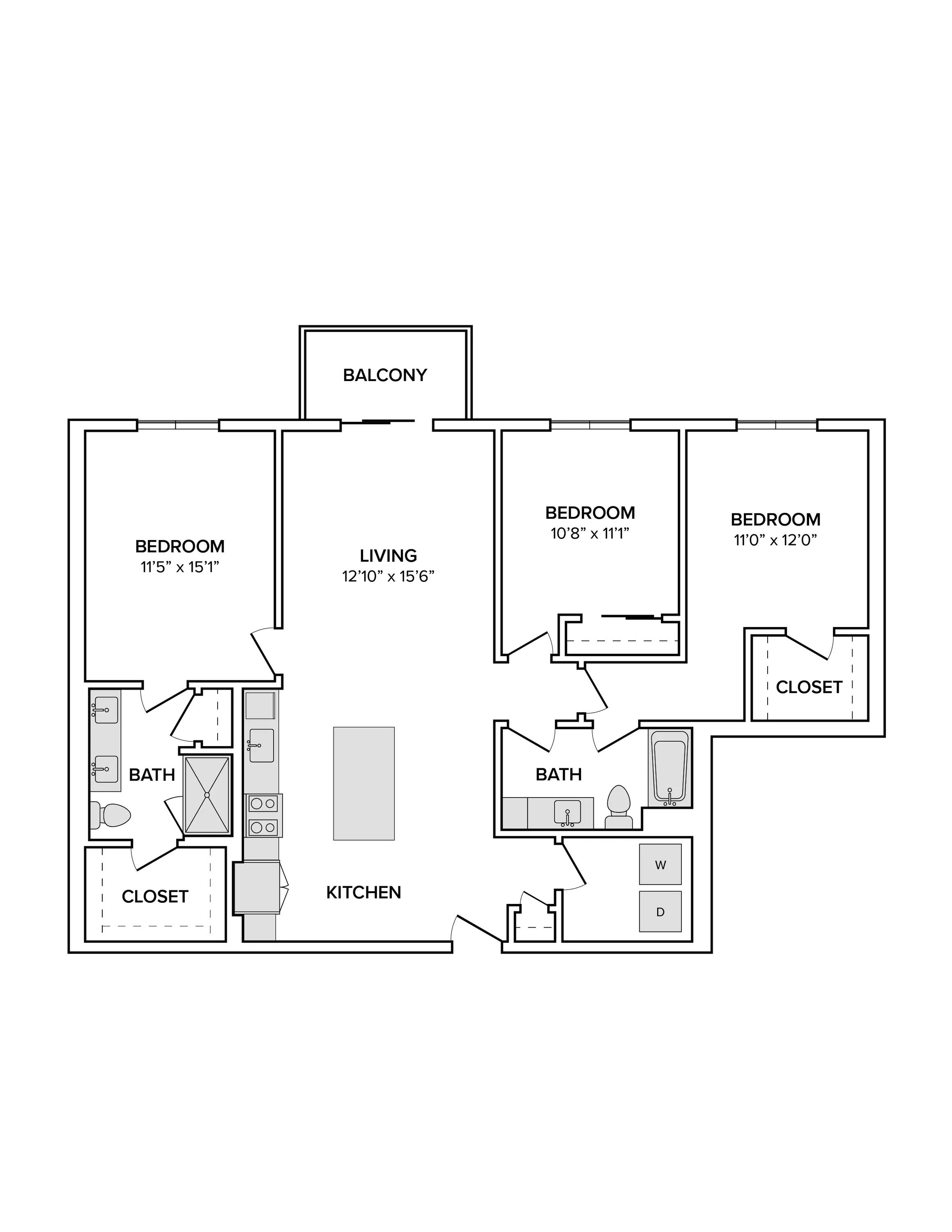1431 square foot three bedroom two and a half bath apartment floor plan image