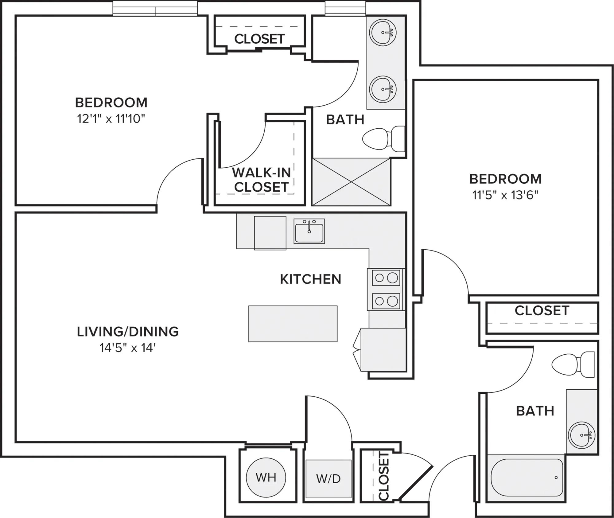 1043 square foot two bedrooms two baths apartment floor plan image in Woodbridge, NJ