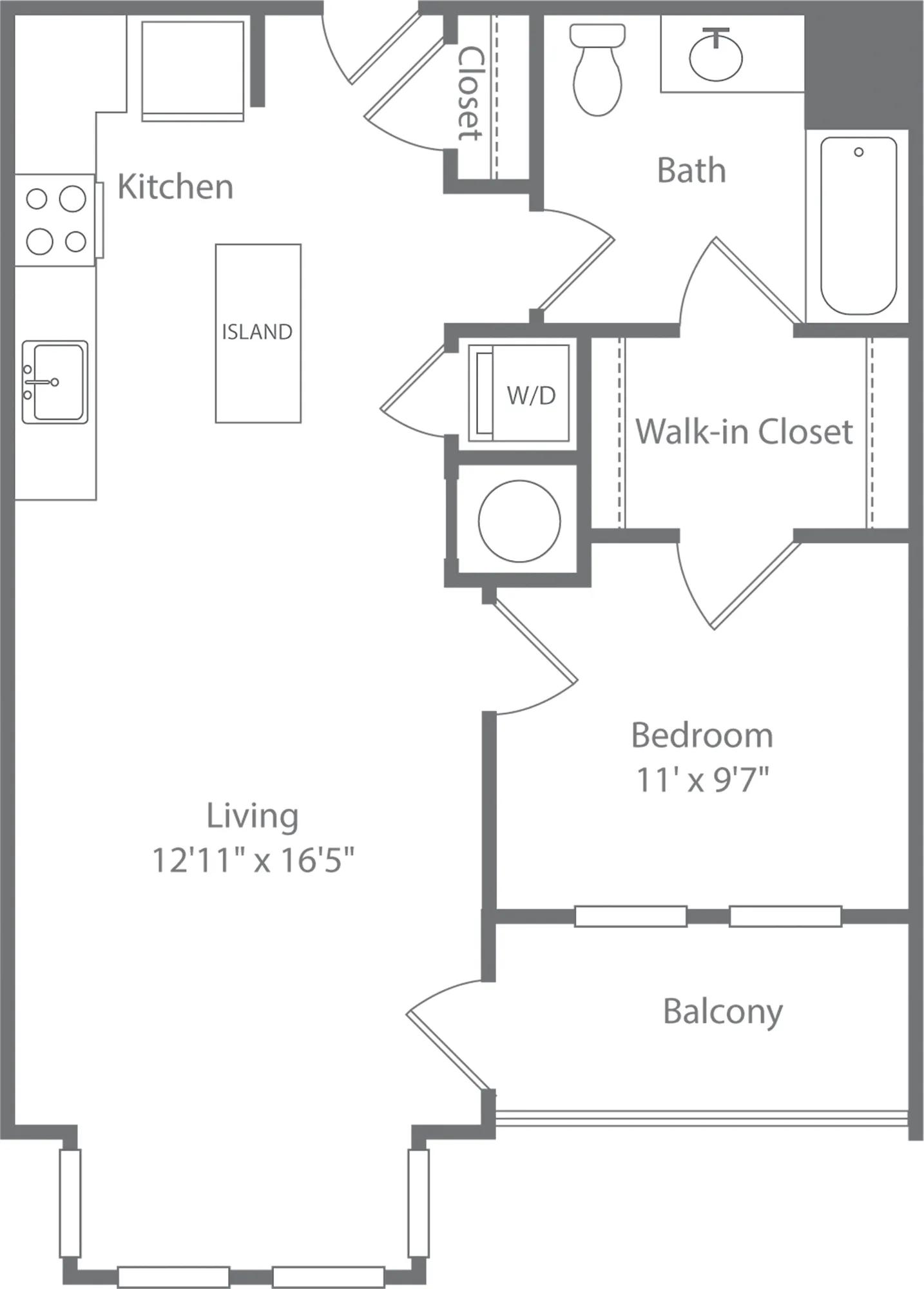 749 square foot one bedroom one bath apartment floorplan image