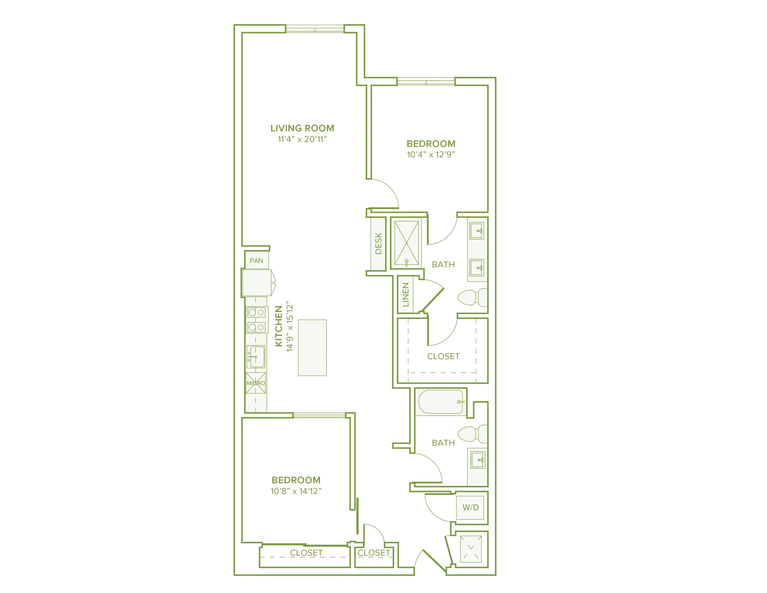 1184 square foot two bed two bath floor plan in Falls Church, VA