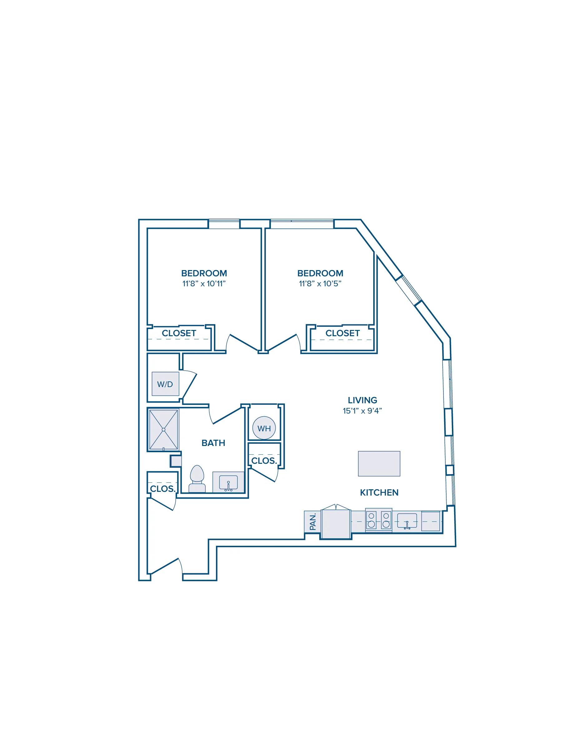 884 square foot two bed two bath floor plan image