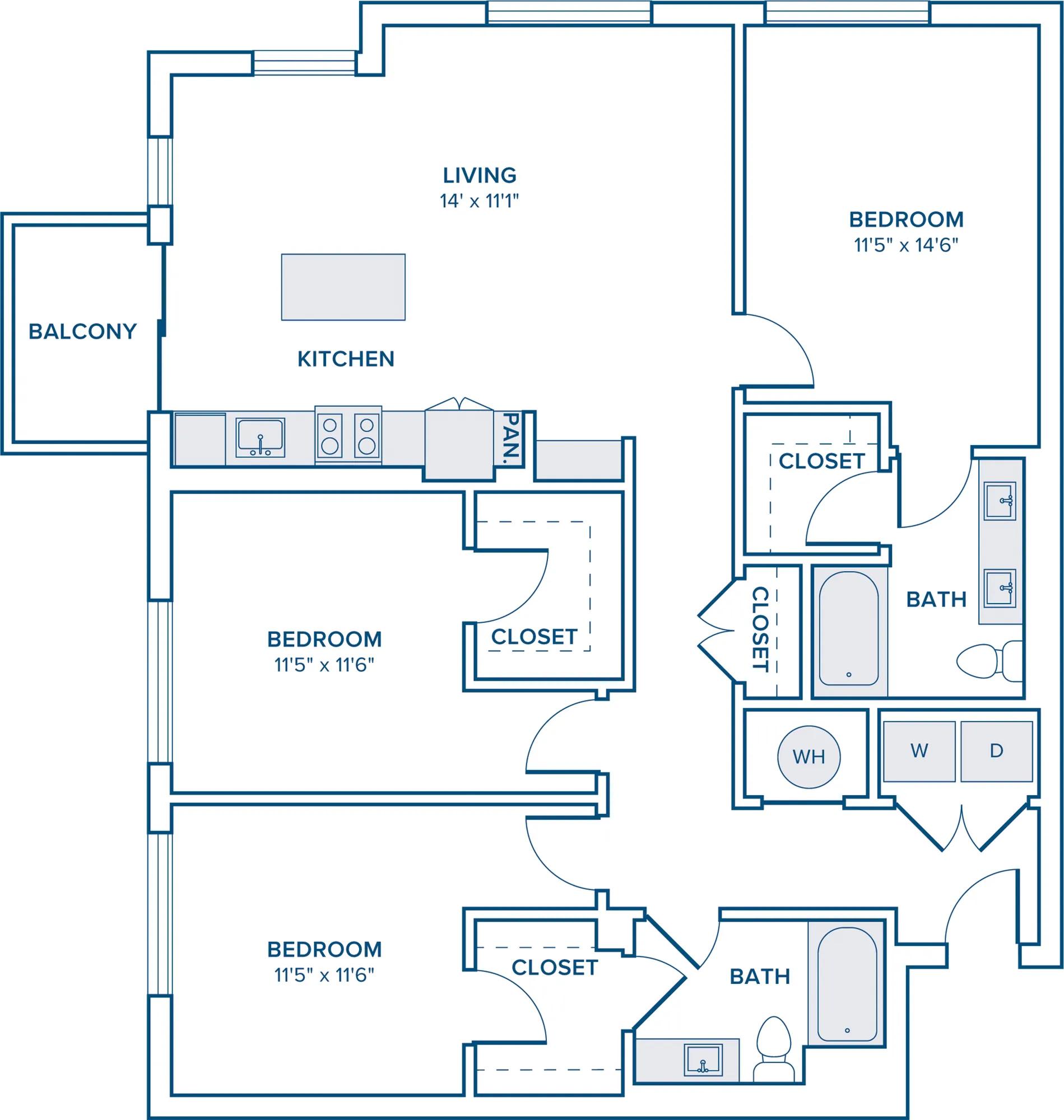 1407 square foot three bedroom two bath apartment floorplan image