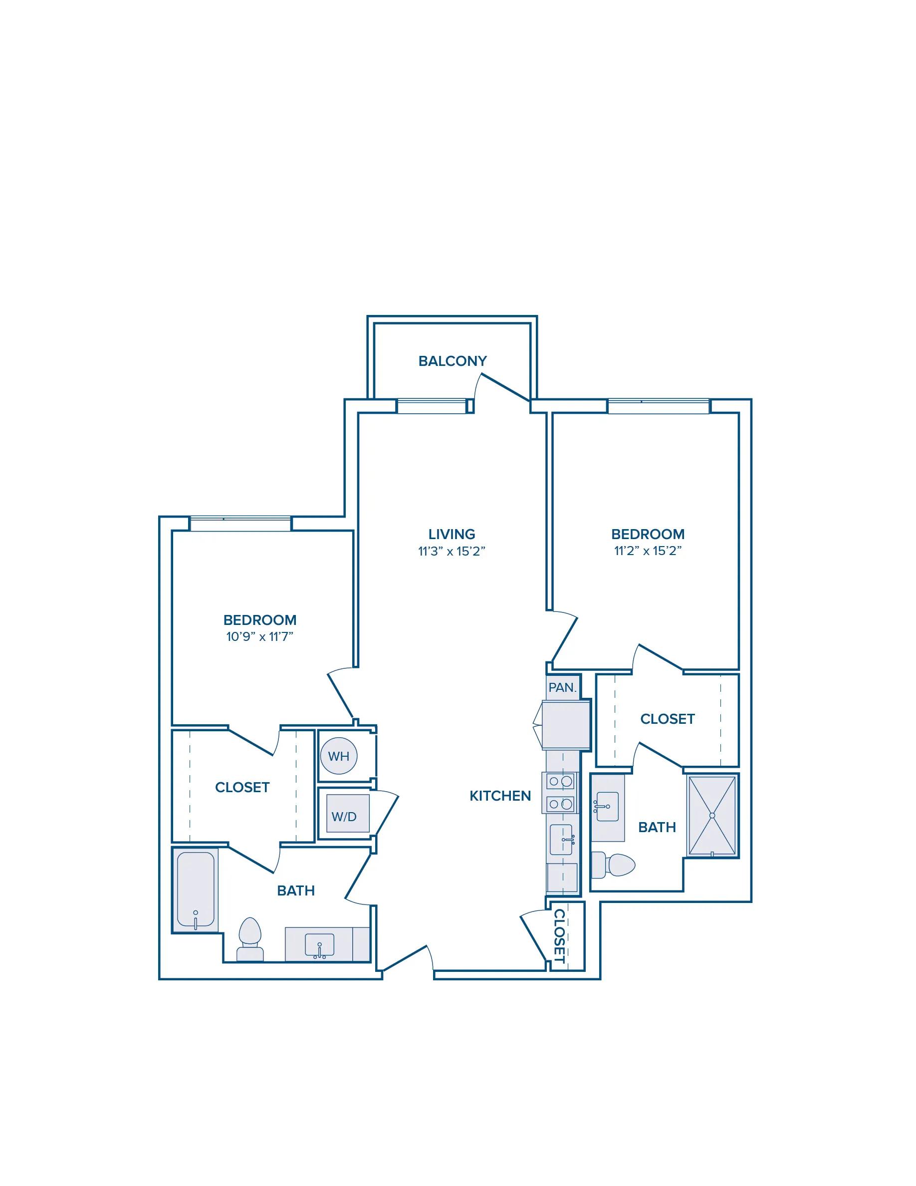 1075 square foot two bed two bath with garage apartment floor plan image
