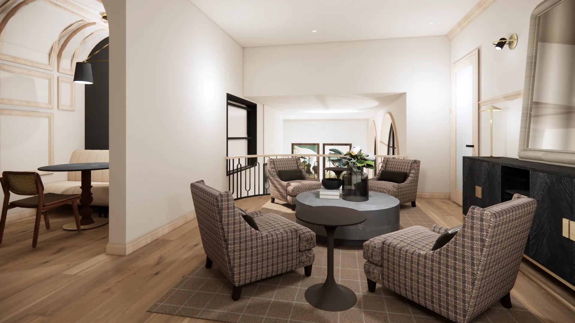 resident lounge with soft colors throughout and seating area at modera university park apartment homes for rent in denver co