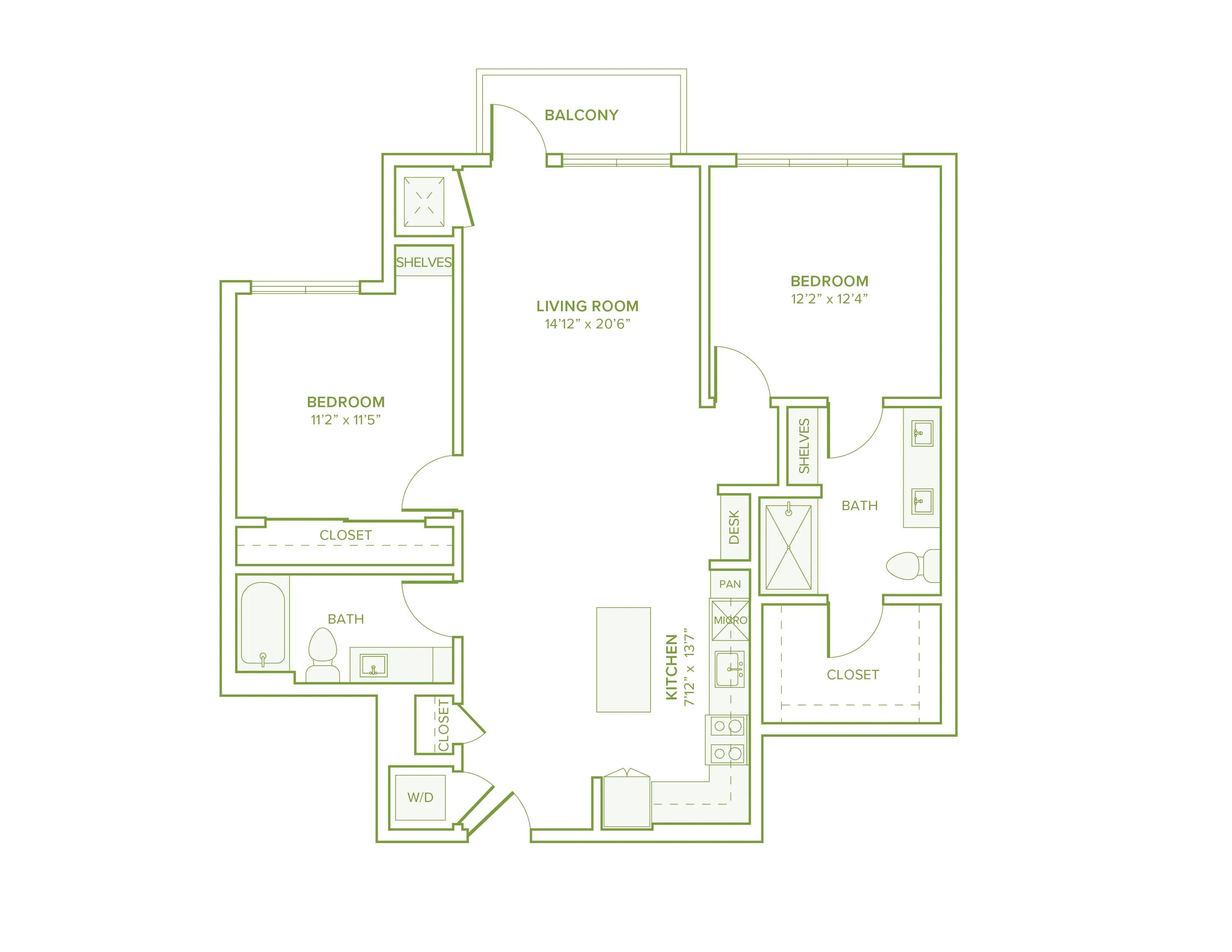 1100 square foot two bed two bath floor plan in Falls Church, VA