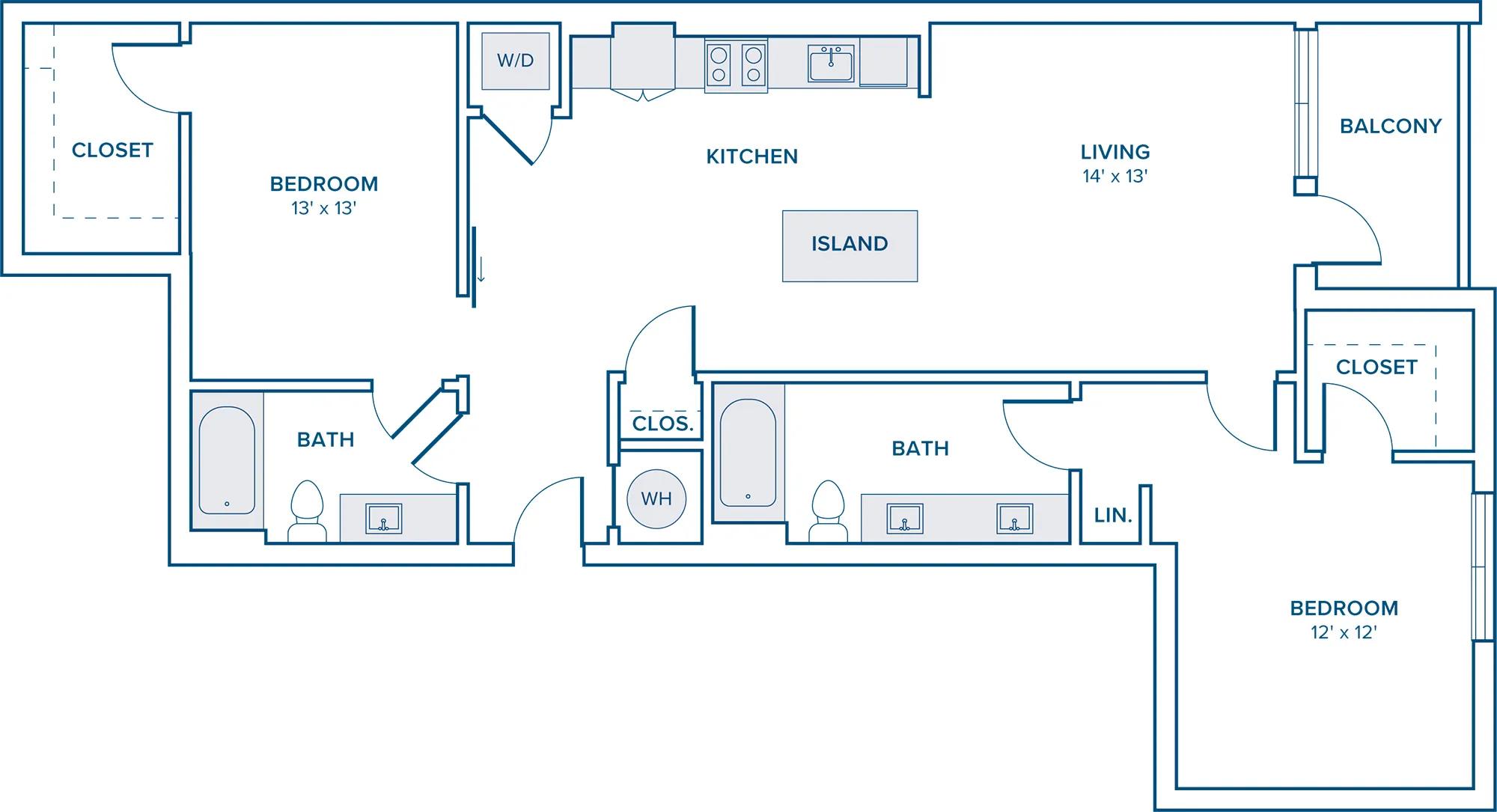 1140 square foot two bed two bath apartment floor plan in Nashville, TN