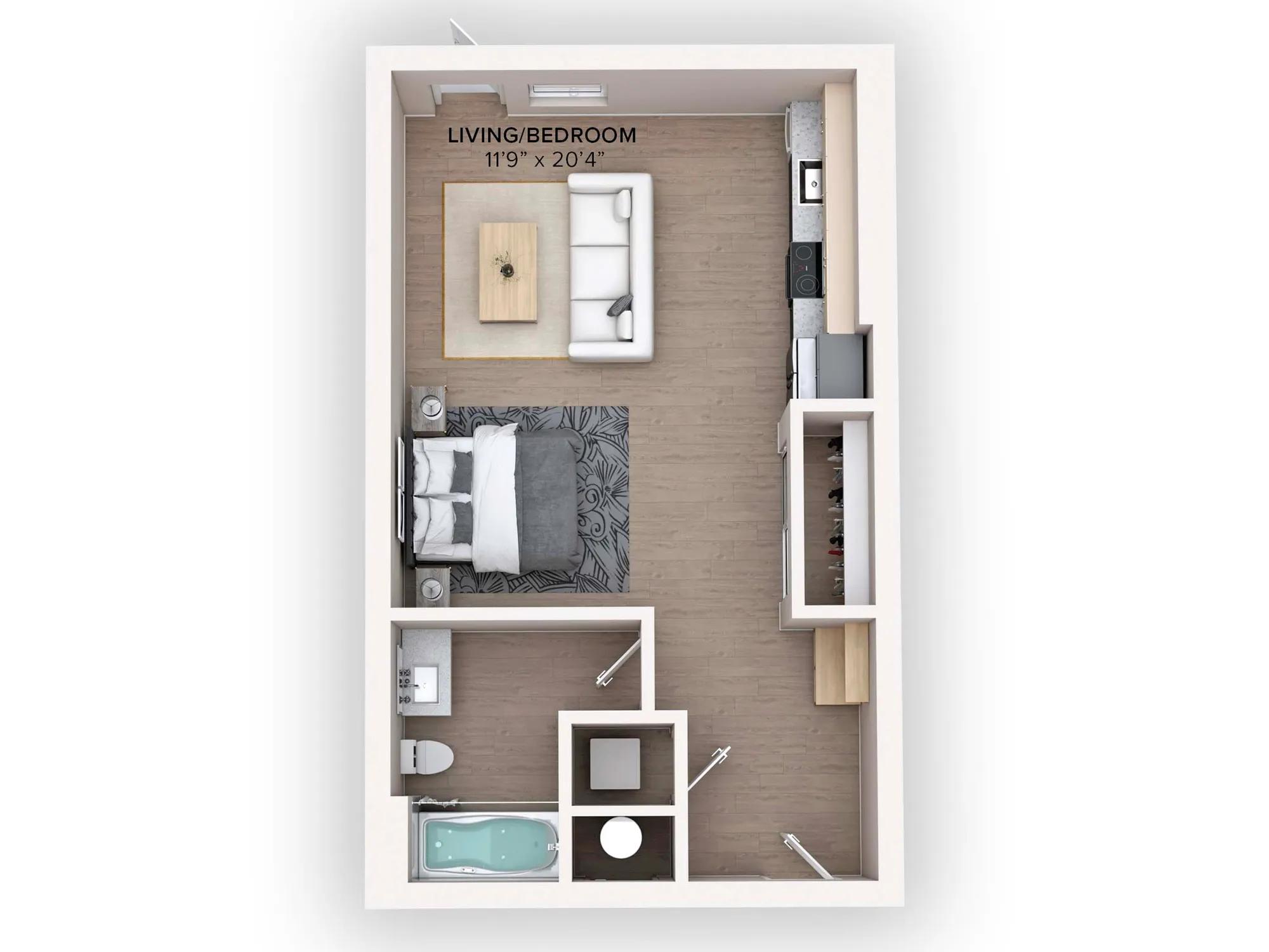 513 square foot studio one bath floor plan in Denver, CO