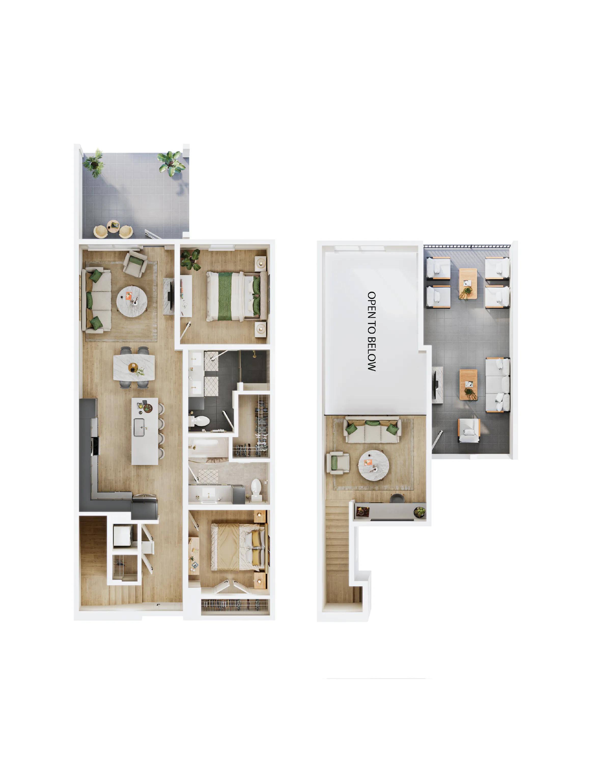 1278 square foot two bed two bath with loft apartment floor plan image