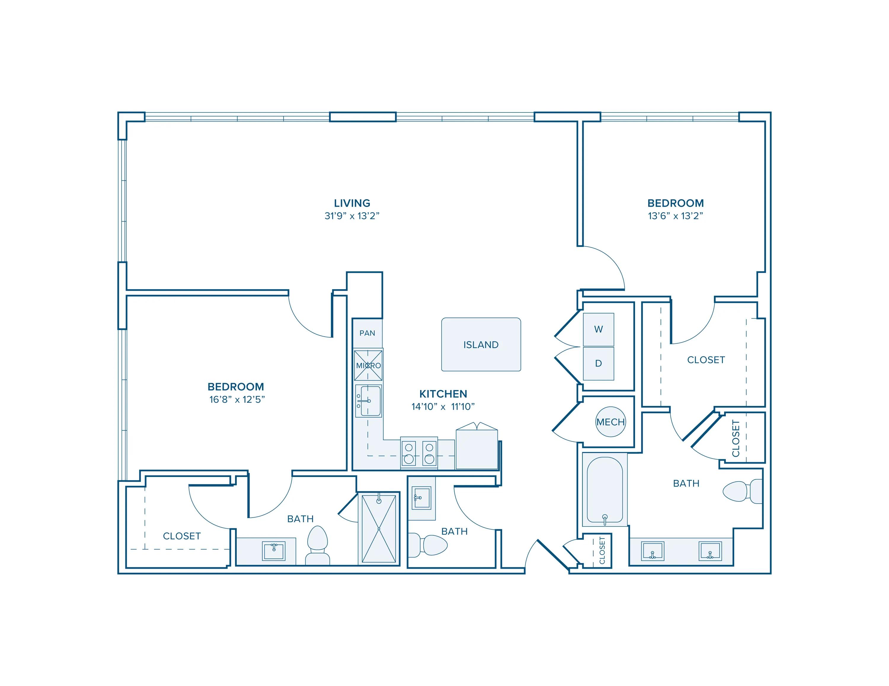 1407 square foot two bedroom two bath apartment floorplan in Charlotte, NC
