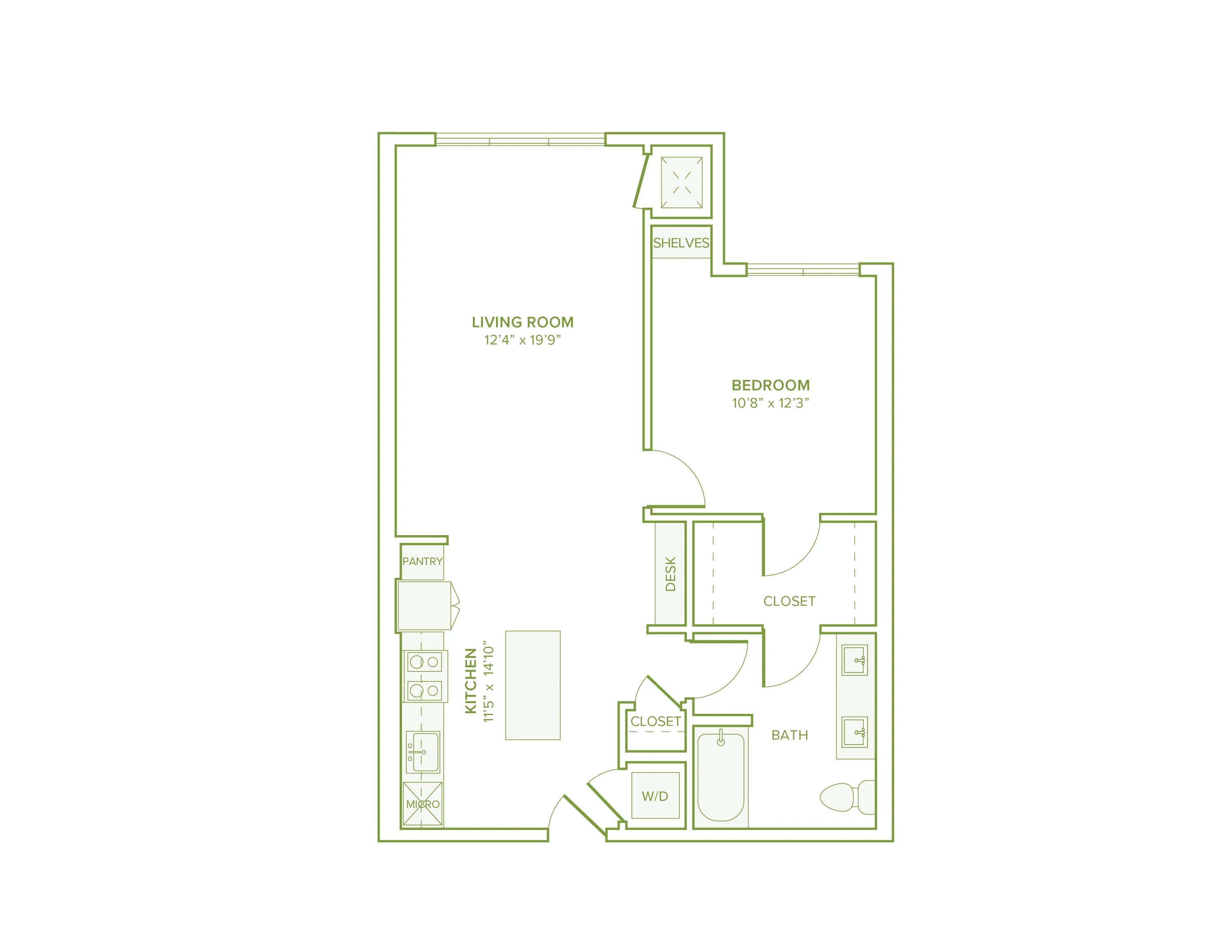 788 square foot one bed one bath floor plan in Falls Church, VA