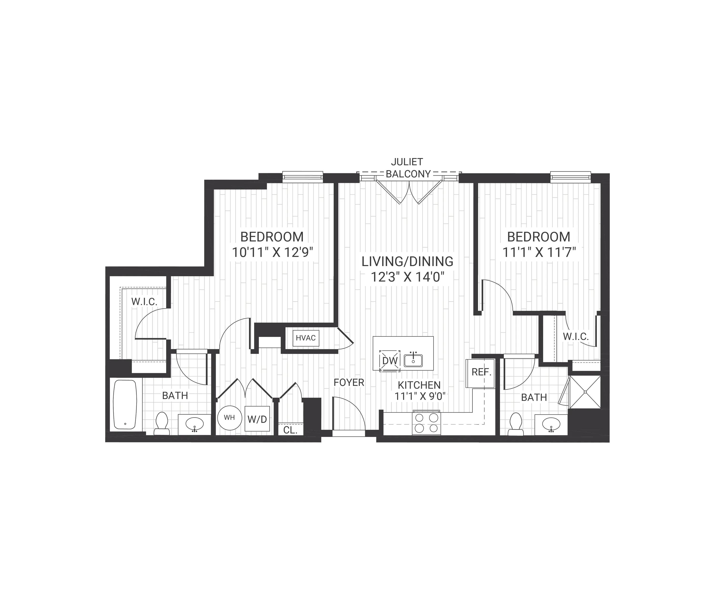 B01 Floor Plan: 2 Bed 2 Bath in Morristown | 971 sq ft