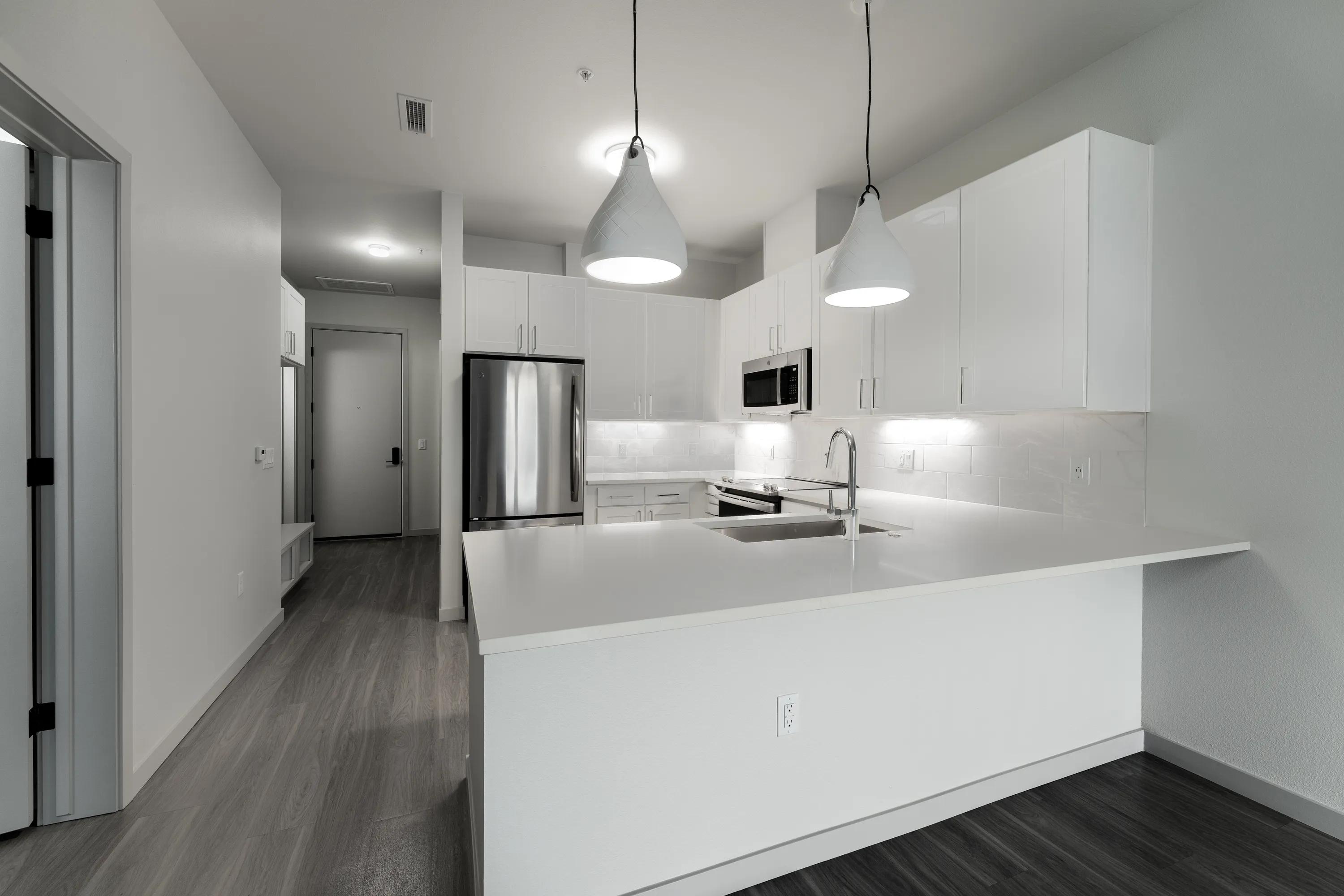 Light Cabinet Kitchen with white pendants lighting modera west wash park denver co