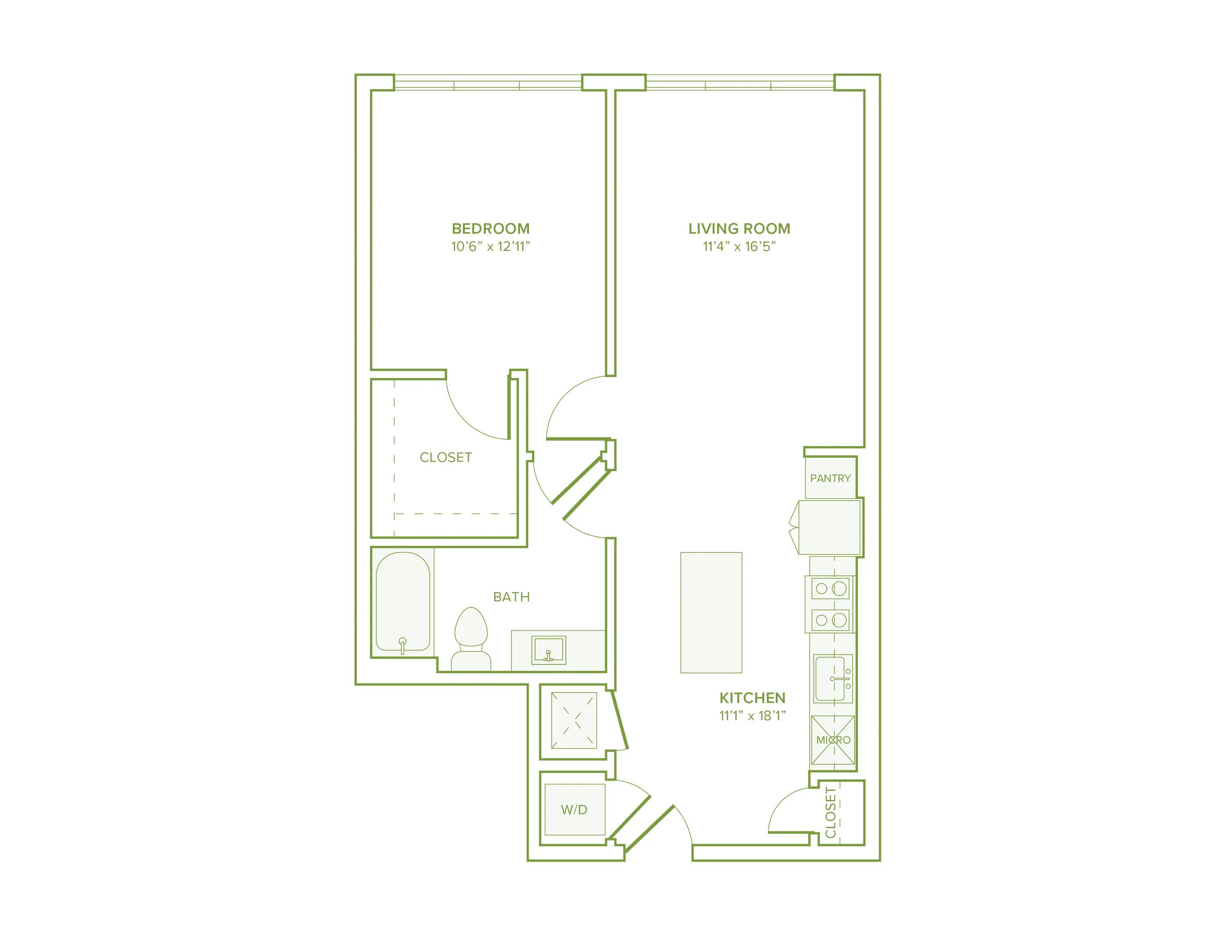 720 square foot one bed one bath floor plan in Falls Church, VA