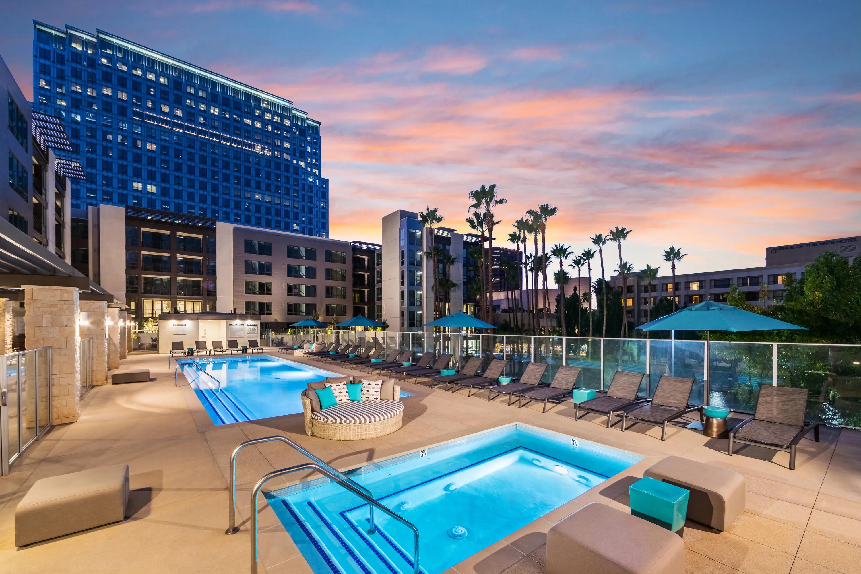 pool and spa during sunset 580 anton apartments for rent in costa mesa ca