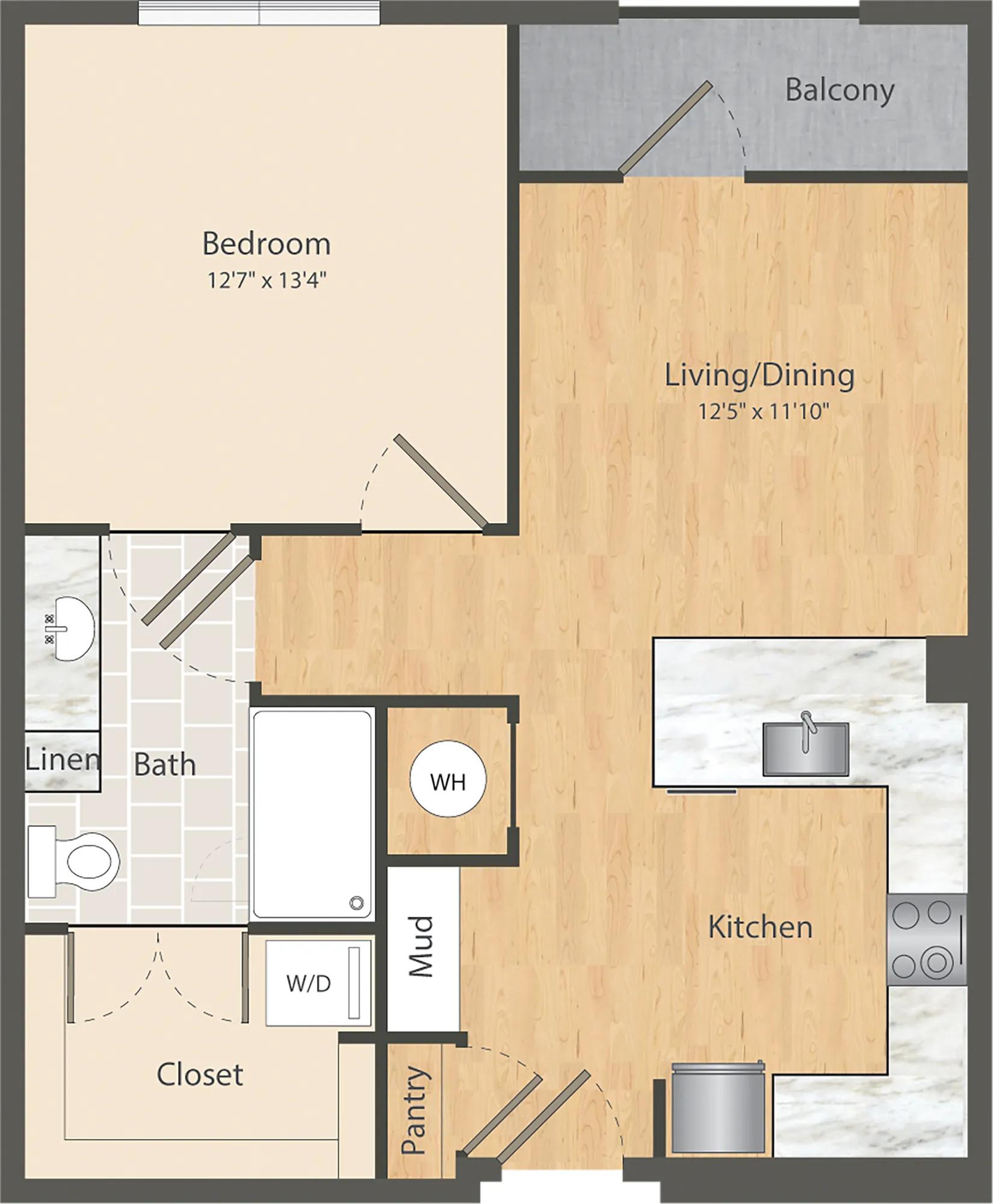 701 square foot one bedroom one bath apartment floor plan in Dallas, TX