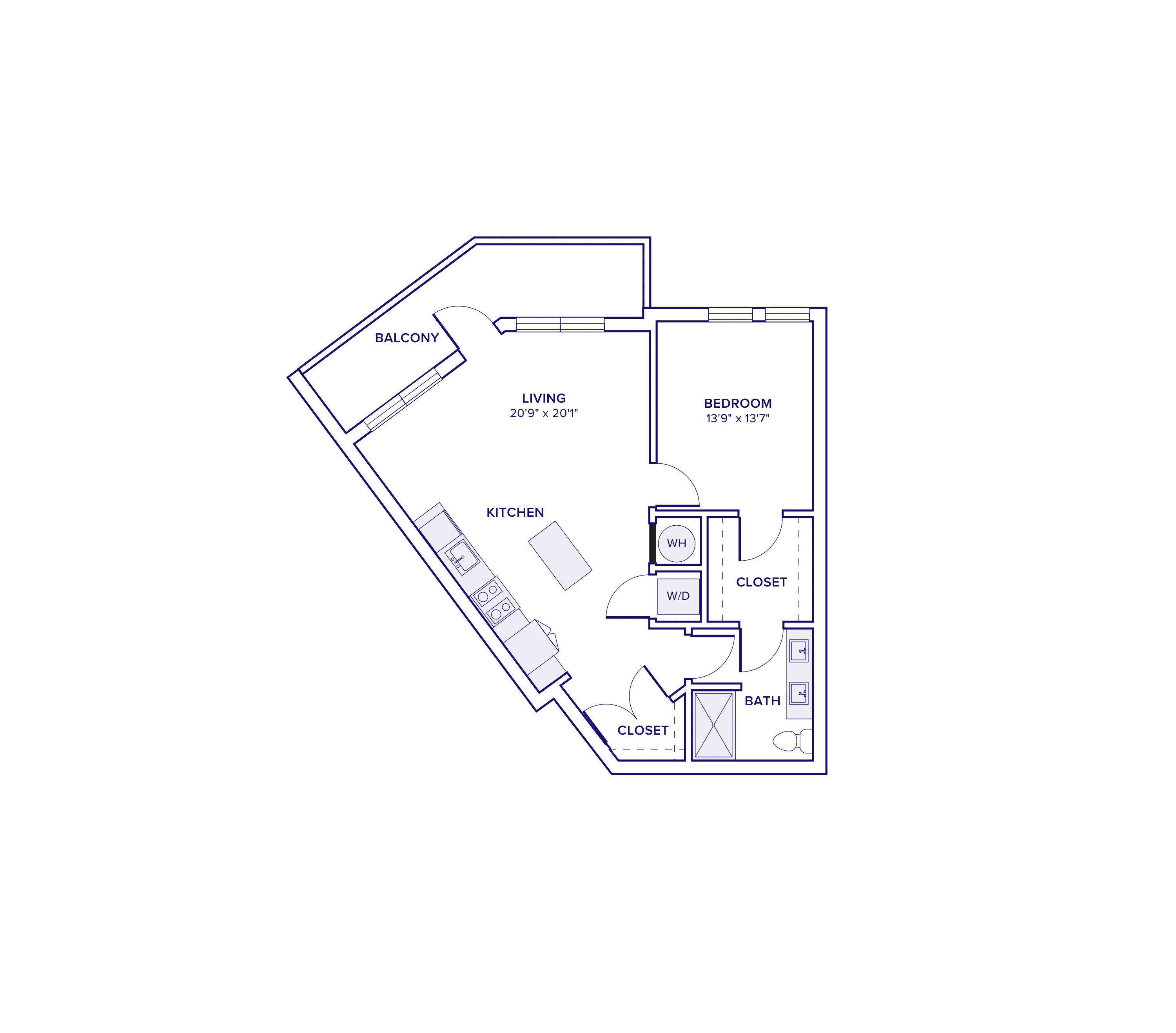 663 square foot one bed one bath apartment floor plan in Atlanta, GA