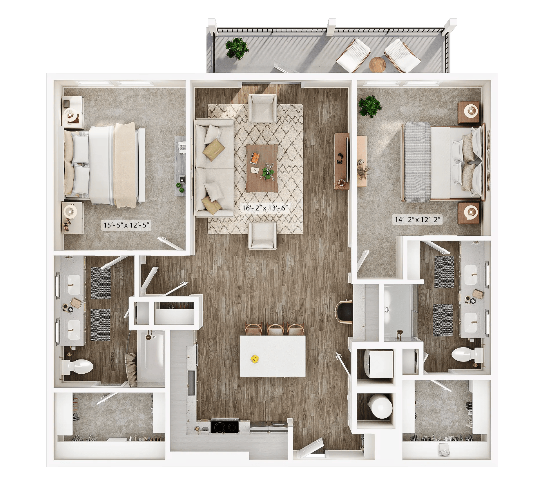 1329 square foot two bed two bath apartment floor plan image