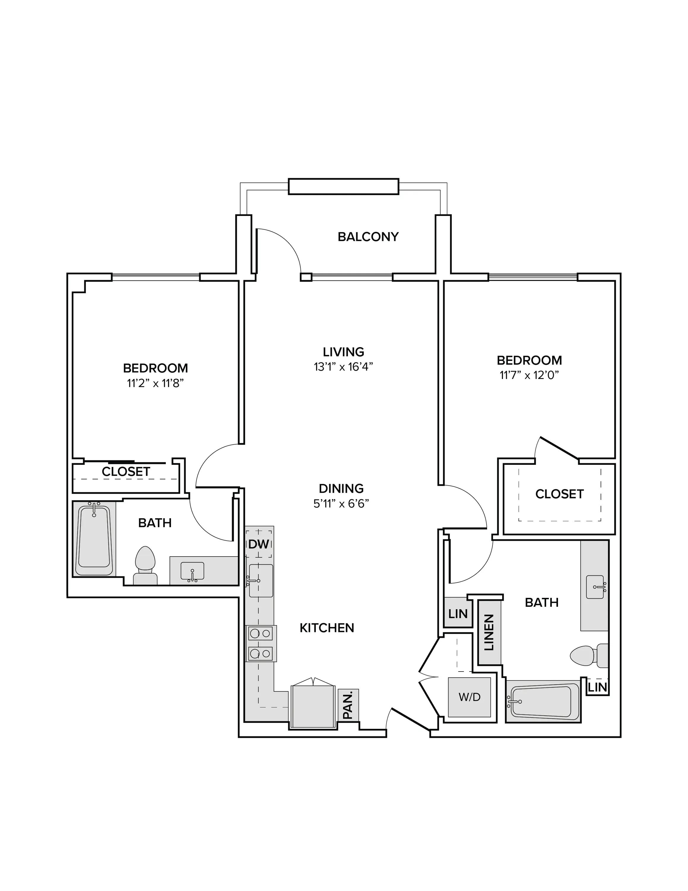 1040 square foot two bed two bath apartment floor plan image