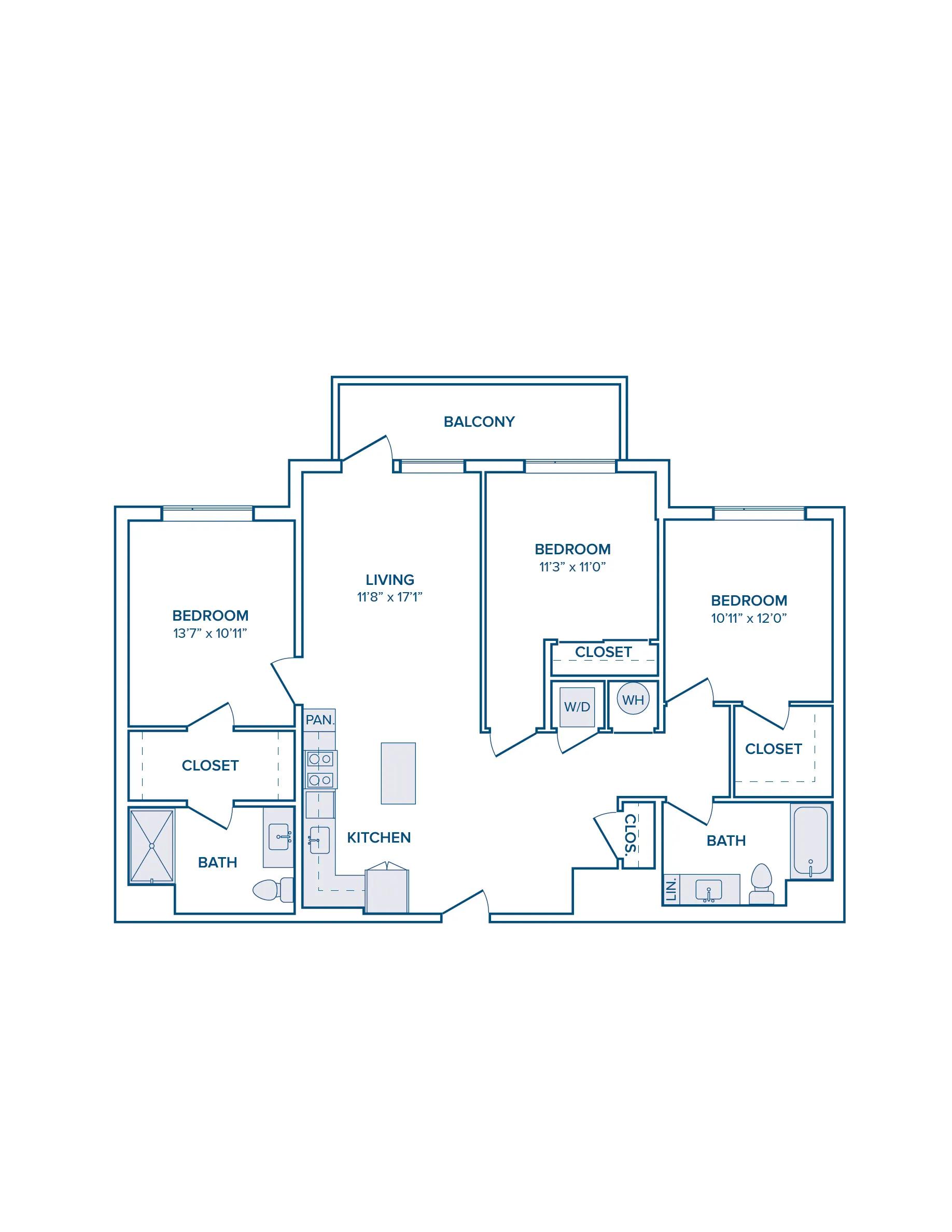 1338 square foot three bed two bath floor plan image