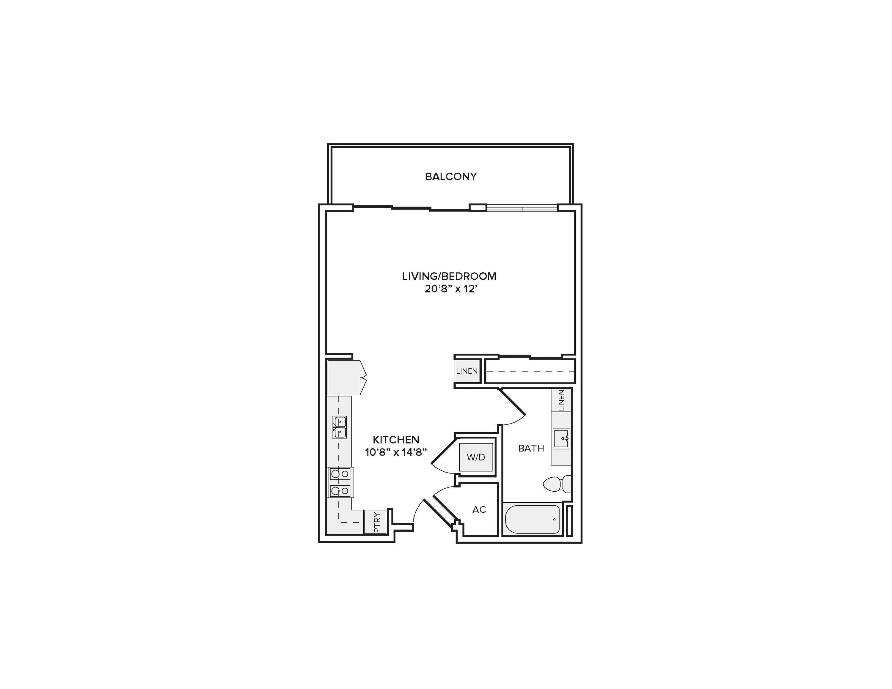 605 square foot studio bed one bath floor plan in Scottsdale, AZ