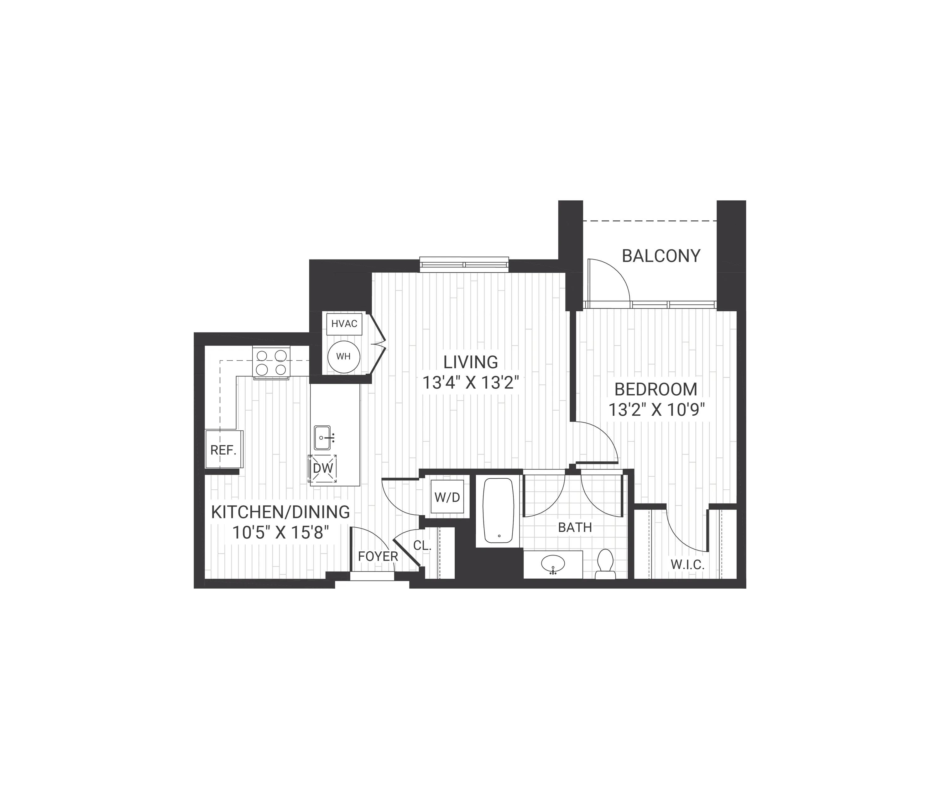 699 square foot one bed one bath apartment floor plan in Morristown, NJ