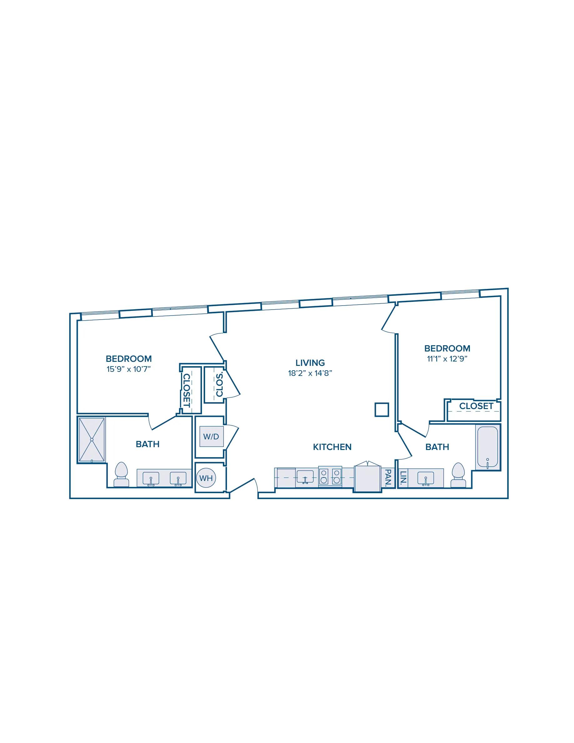 1002 square foot two bed two bath floor plan image