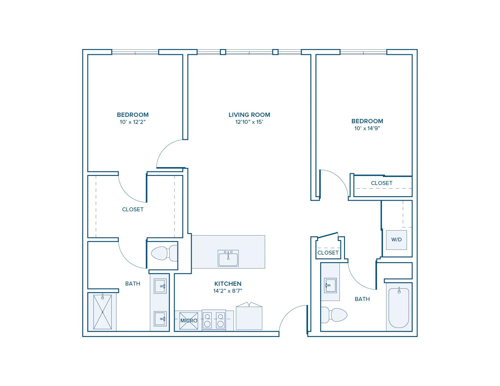 1084 square foot two bed two bath floor plan in Beaverton, OR