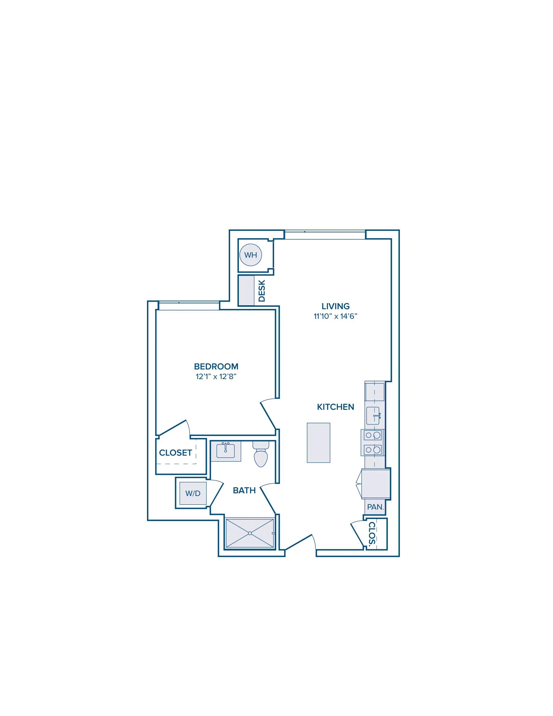703 square foot one bed one bath floor plan image