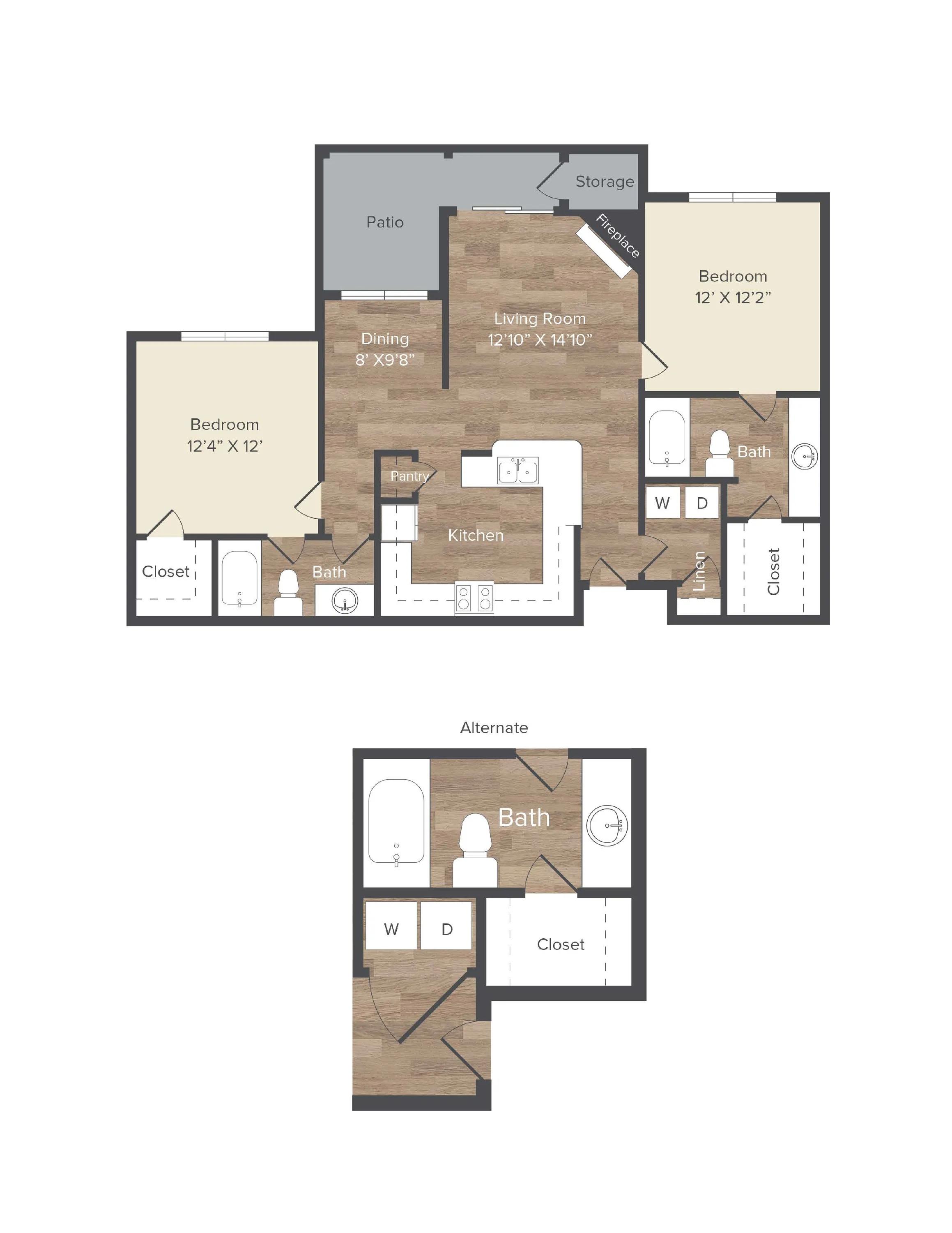 1071 square foot two bedroom two bath apartment floor plan in Austin, TX
