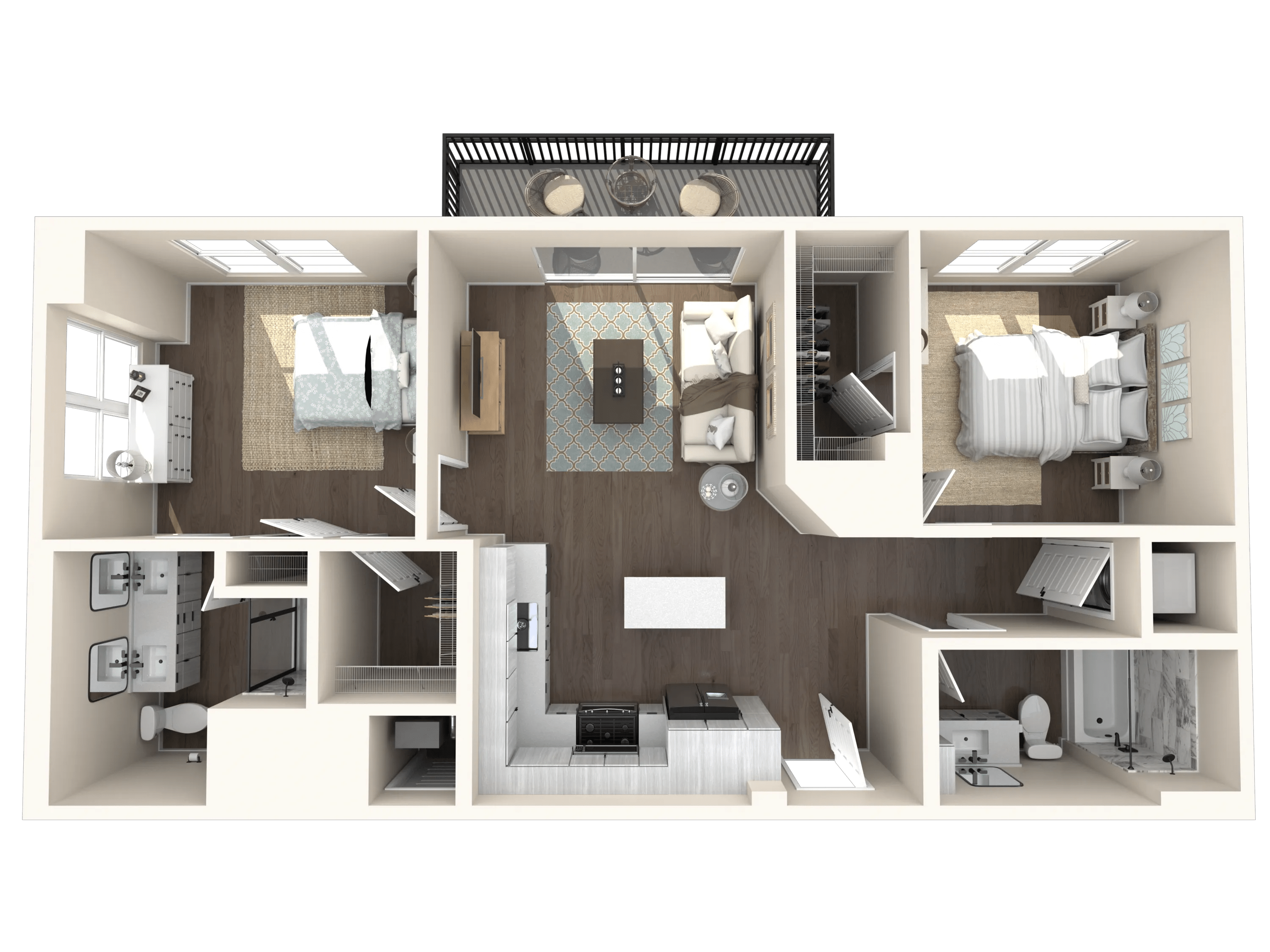 962 square foot two bedroom two bath apartment floor plan image