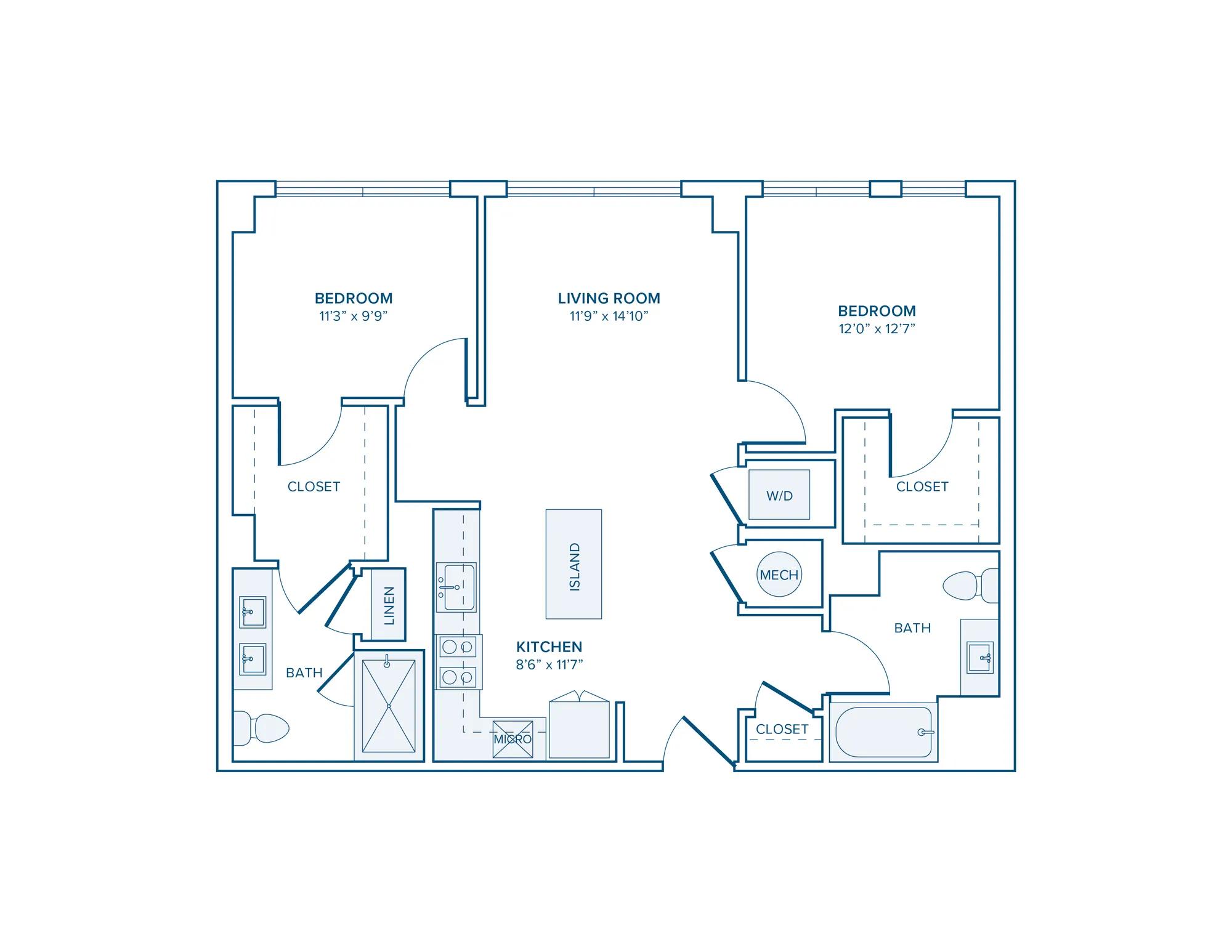 966-970 square foot two bed two bath apartment floor plan in D.C.