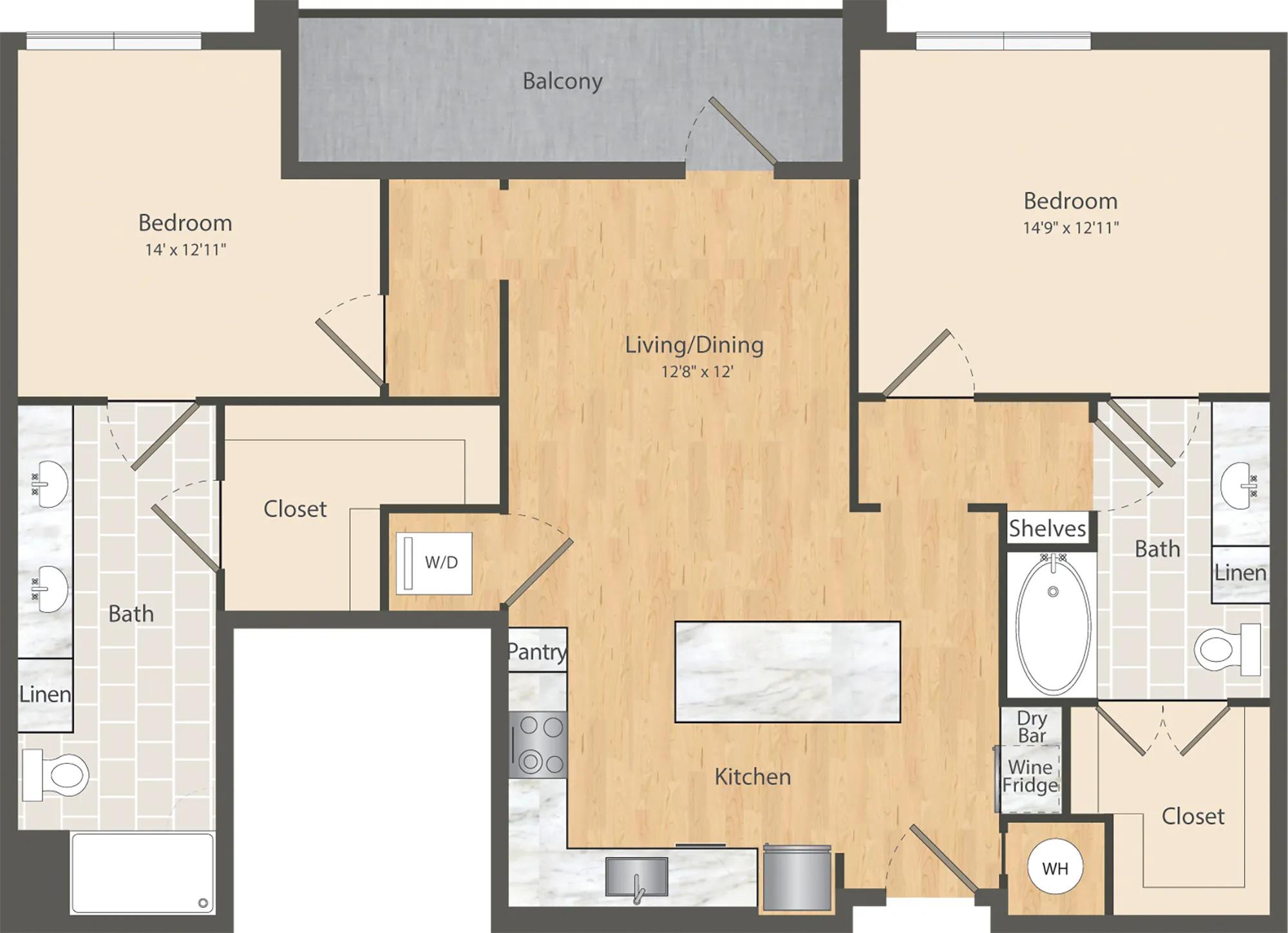 1196 square foot two bedroom two bath apartment floor plan in Dallas, TX