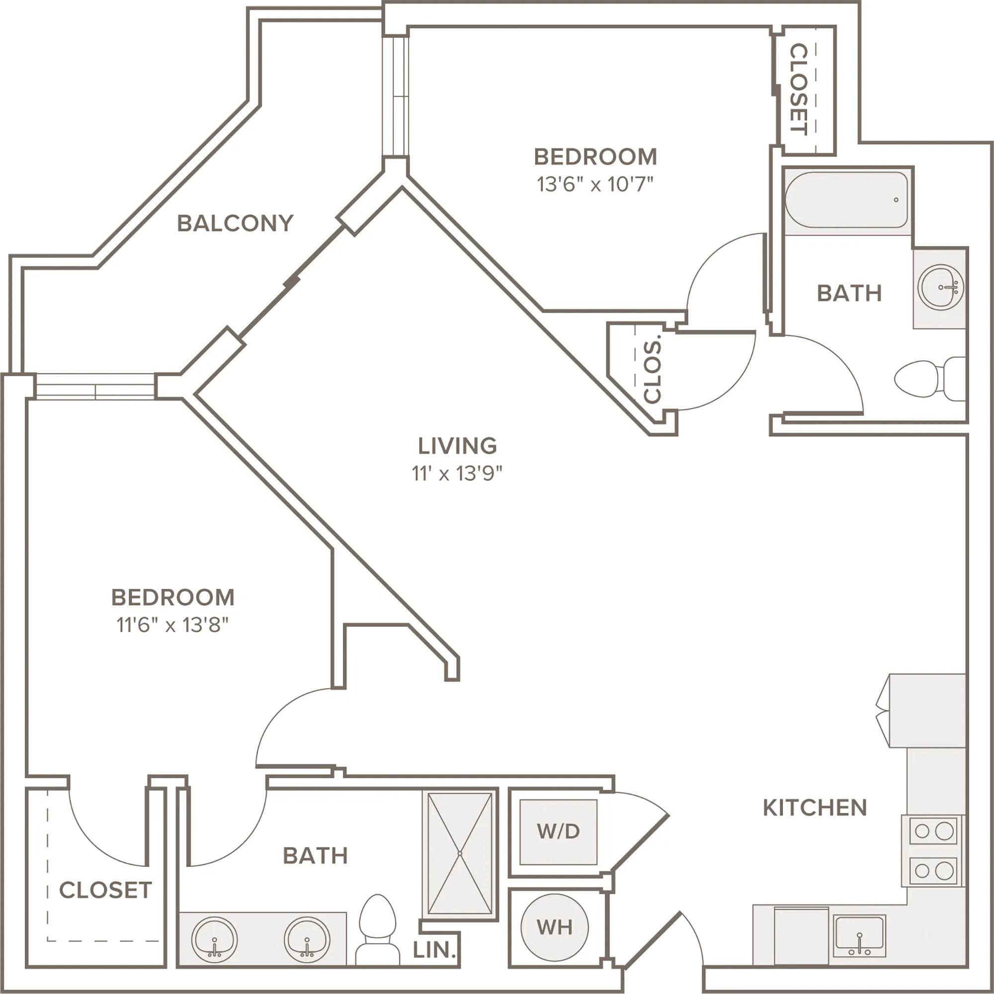 1068-1109 square foot two bedroom two bath apartment floorplan image