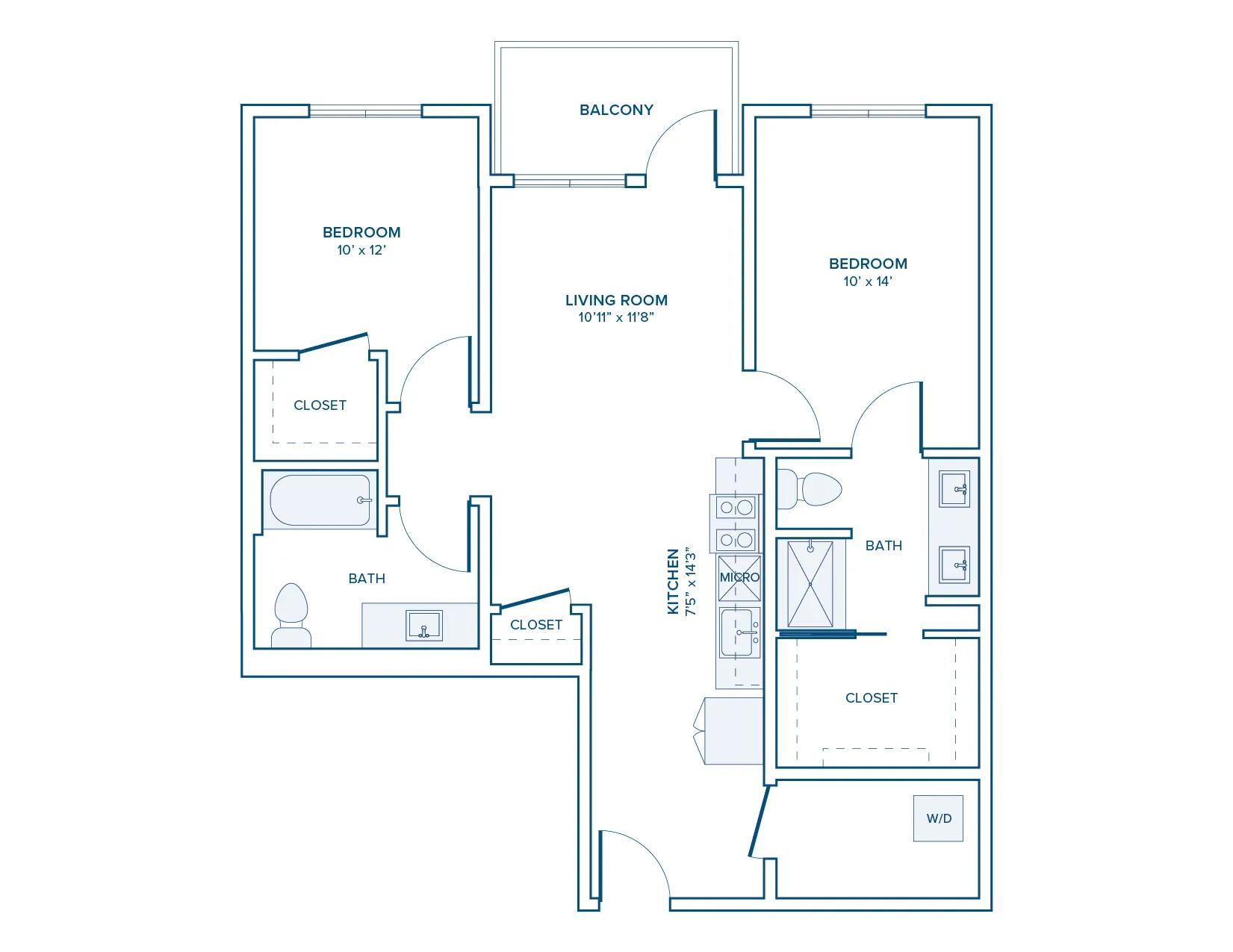 930 square foot two bed two bath floor plan in Beaverton, OR