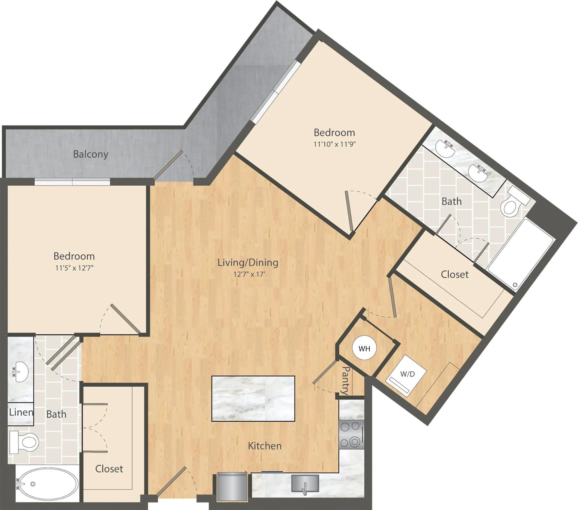 1122 square foot two bedroom two bath apartment floor plan in Dallas, TX