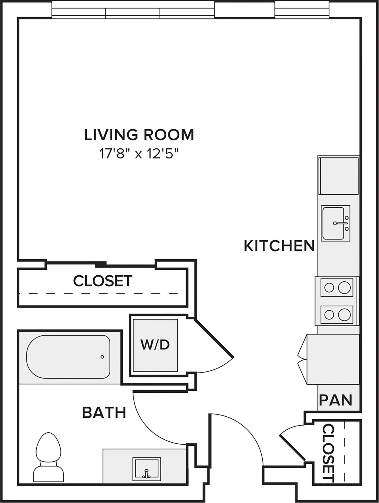 487 to 490 square foot studio one bath apartment floor plan image in Redmond, WA