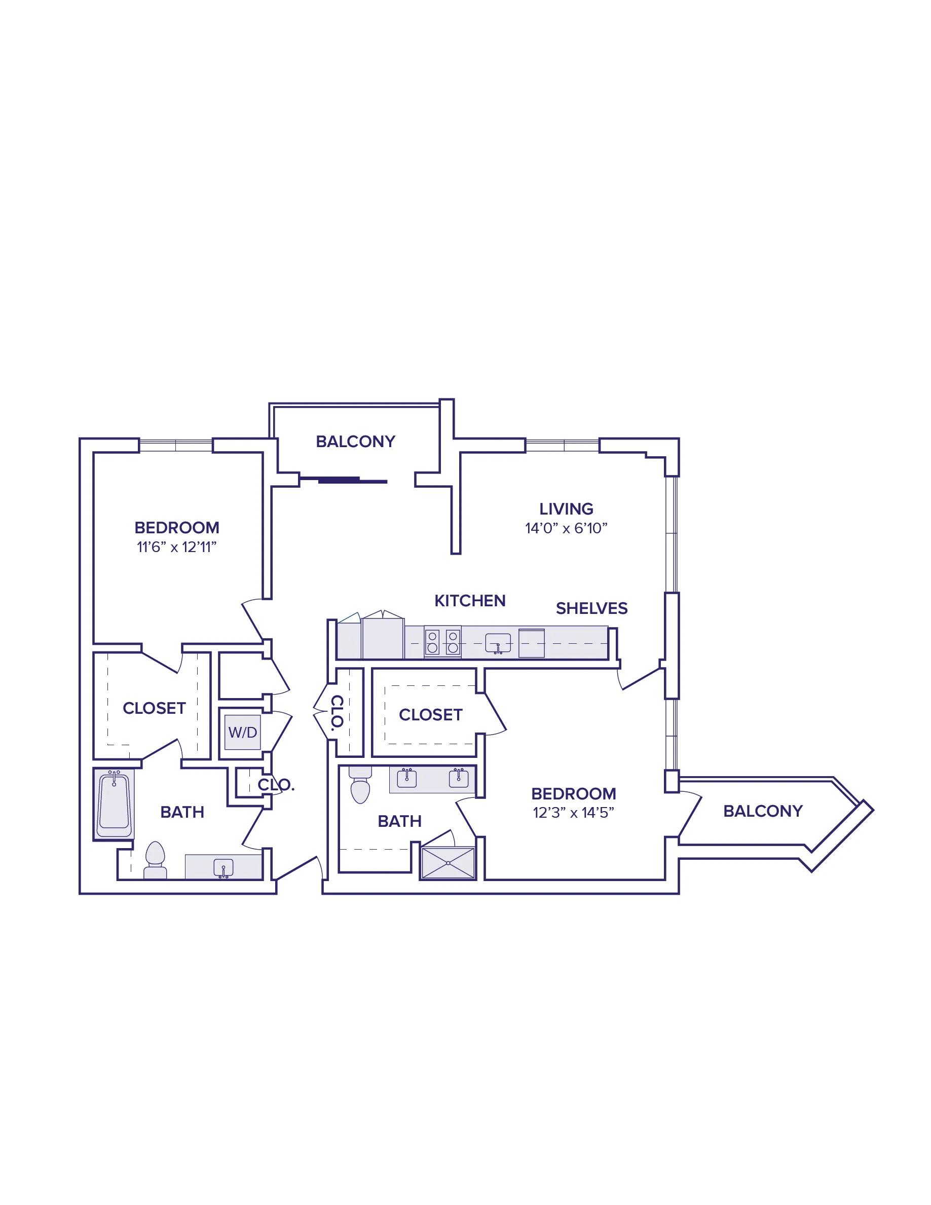 1199 square foot two bed two bath floor plan image