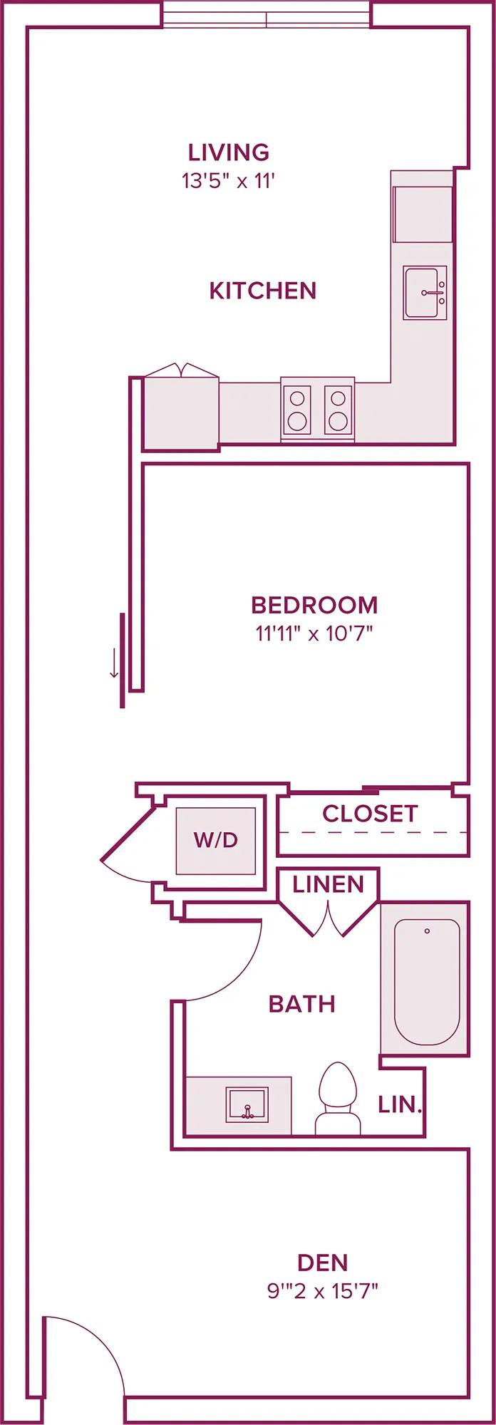 746 square foot one bed one bath floor plan in Argyle, CA
