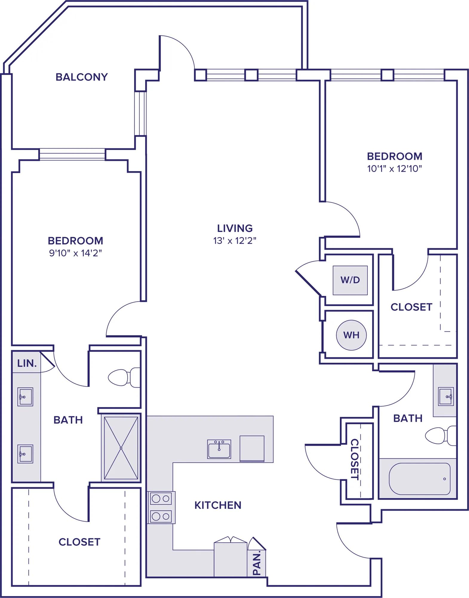 1281 square foot two bedroom two bath apartment floor plan image