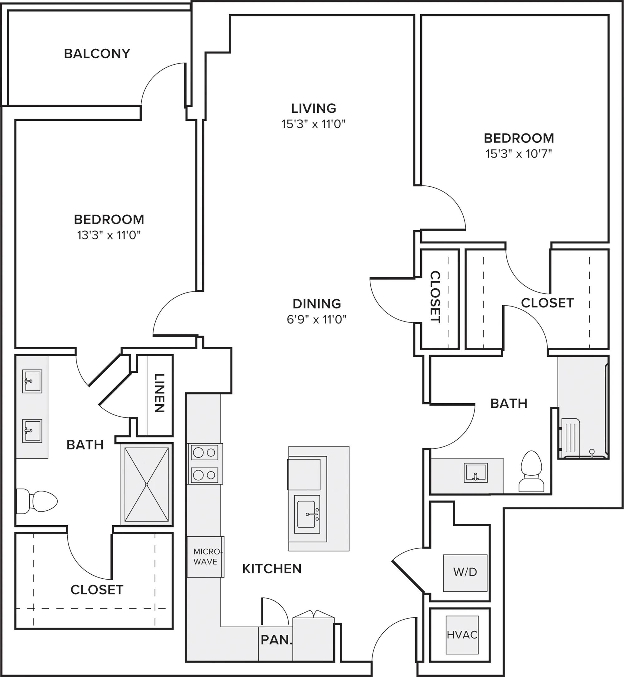 1210 square foot two bedroom two bath apartment floor plan in Atlanta, GA