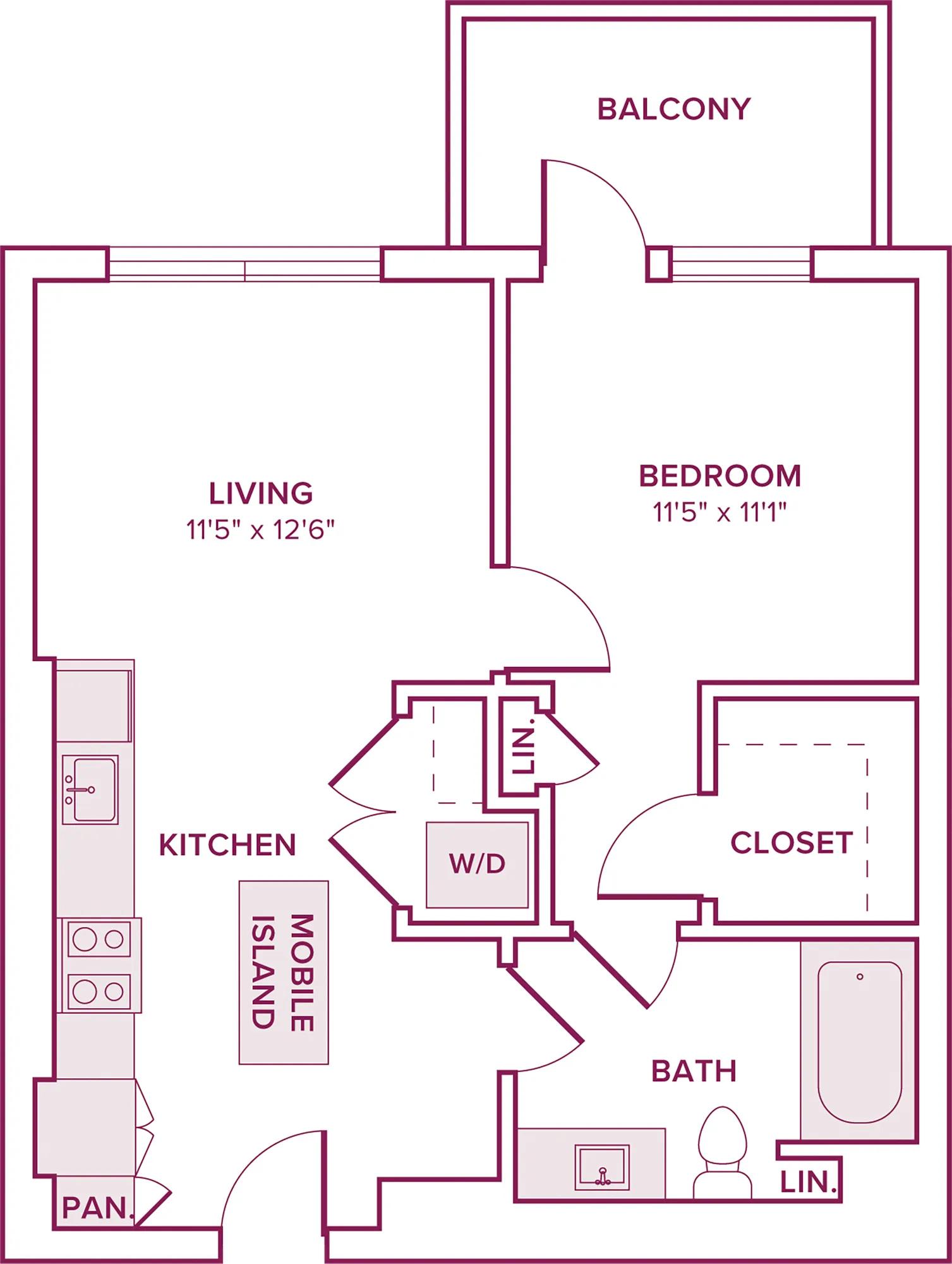 605 square foot one bed one bath floor plan in Argyle, CA