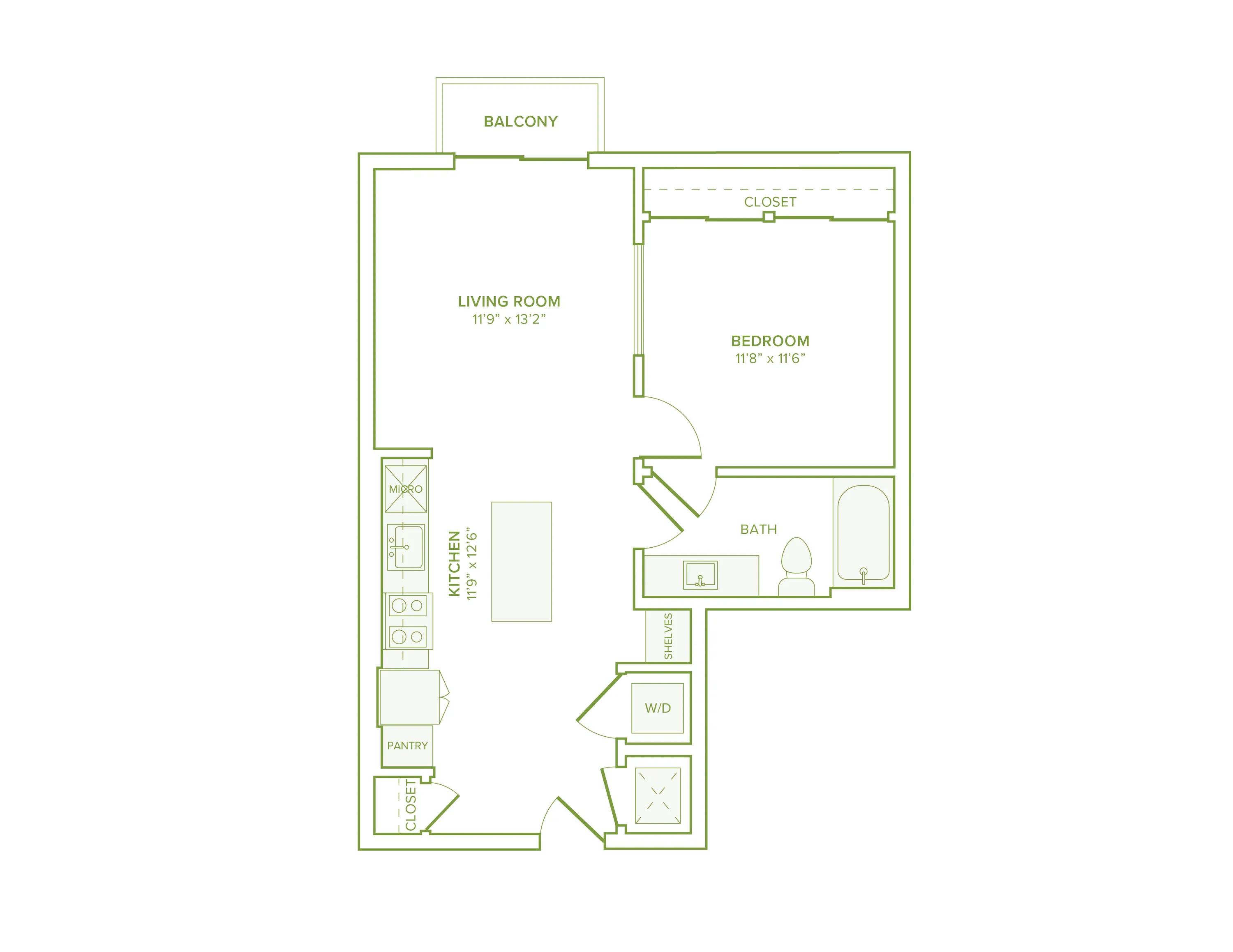 647 square foot one bedroom one bath apartment floor plan in Falls Church, VA