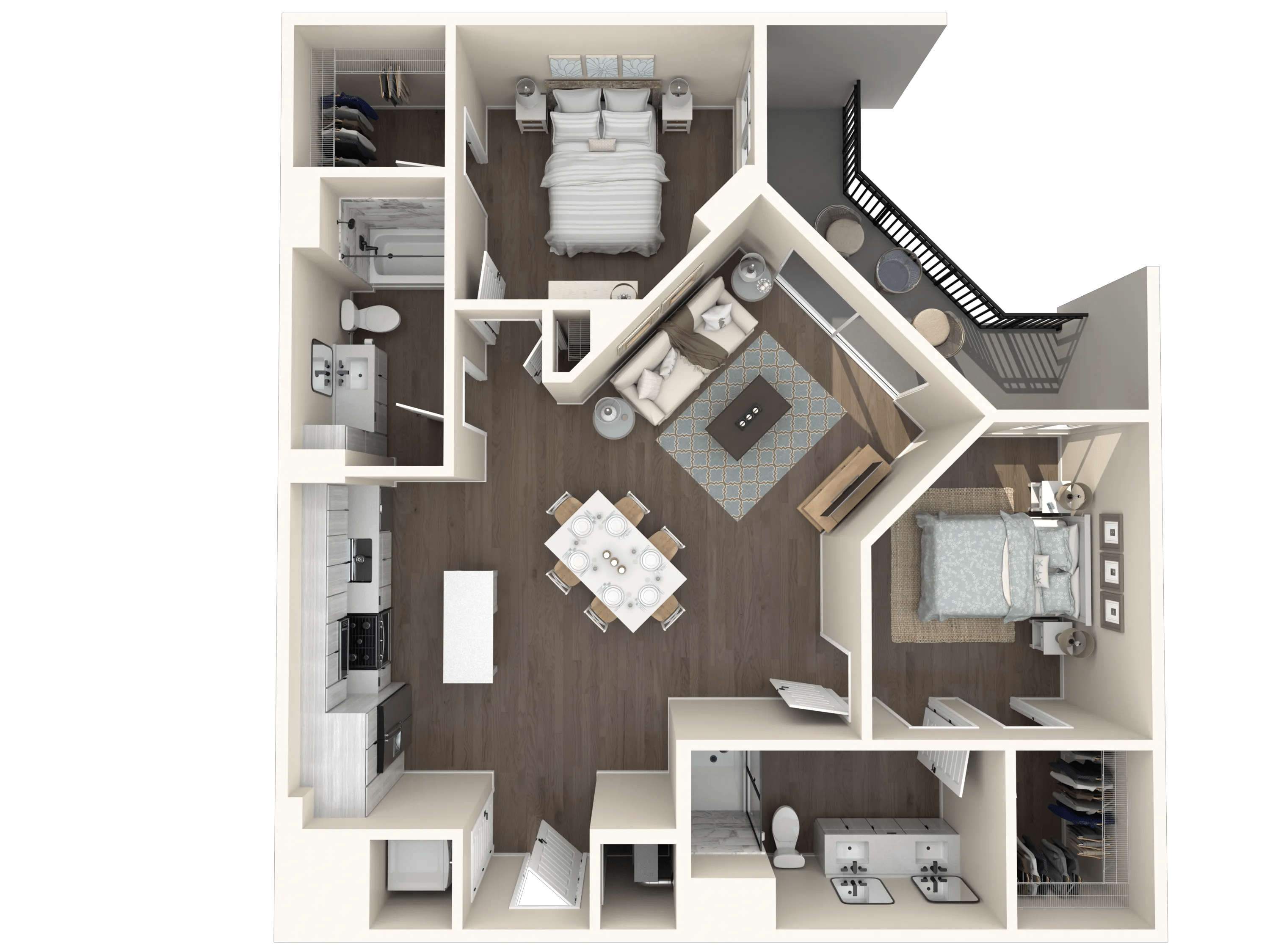 1136 square foot two bedroom two bath apartment floor plan image
