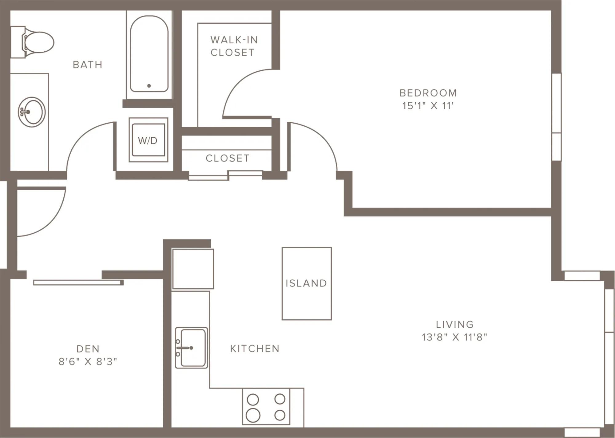753 square foot one bedroom one bath with study apartment floorplan image