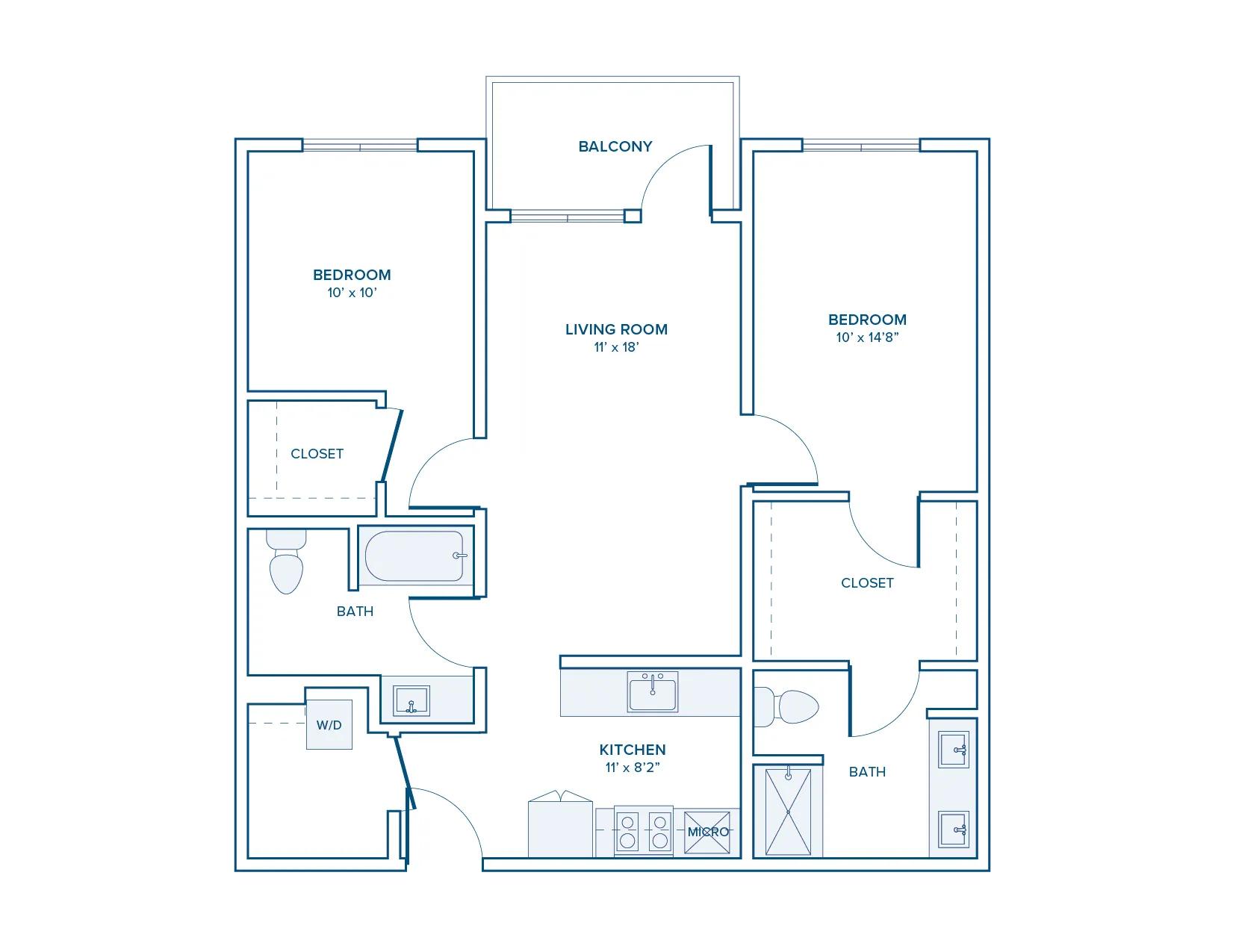 990 square foot two bed two bath floor plan in Beaverton, OR